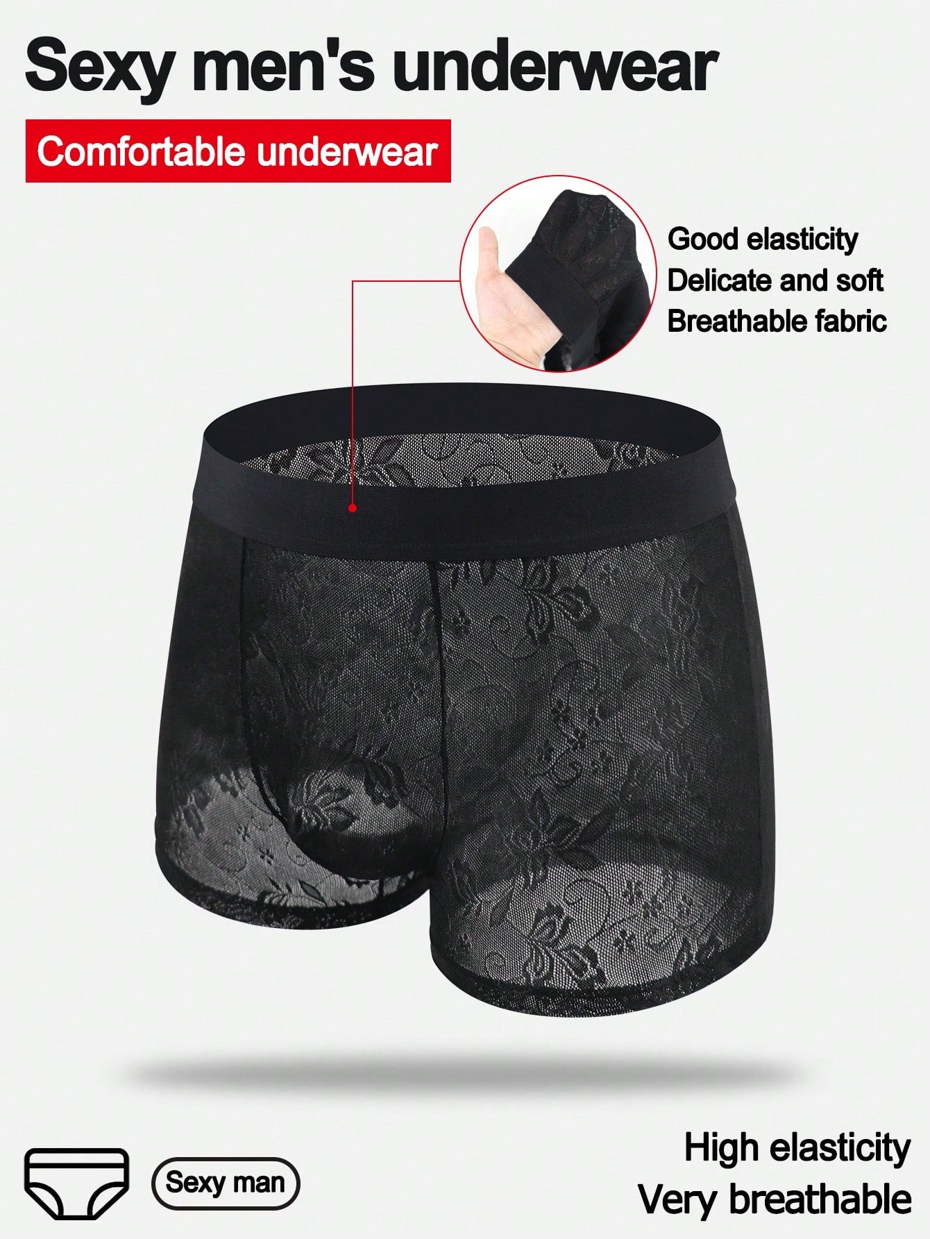 Men's black low-rise mesh boxer shorts with contrast lace details and a plain design