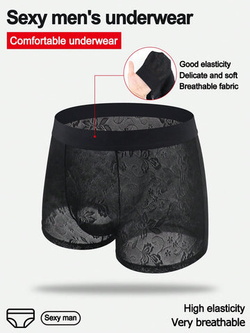 Men's black low-rise mesh boxer shorts with contrast lace details and a plain design