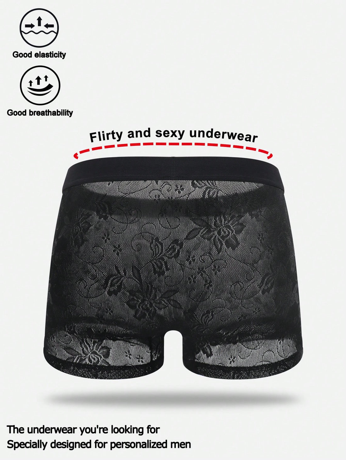 Men's black low-rise mesh boxer shorts with contrast lace details and a plain design