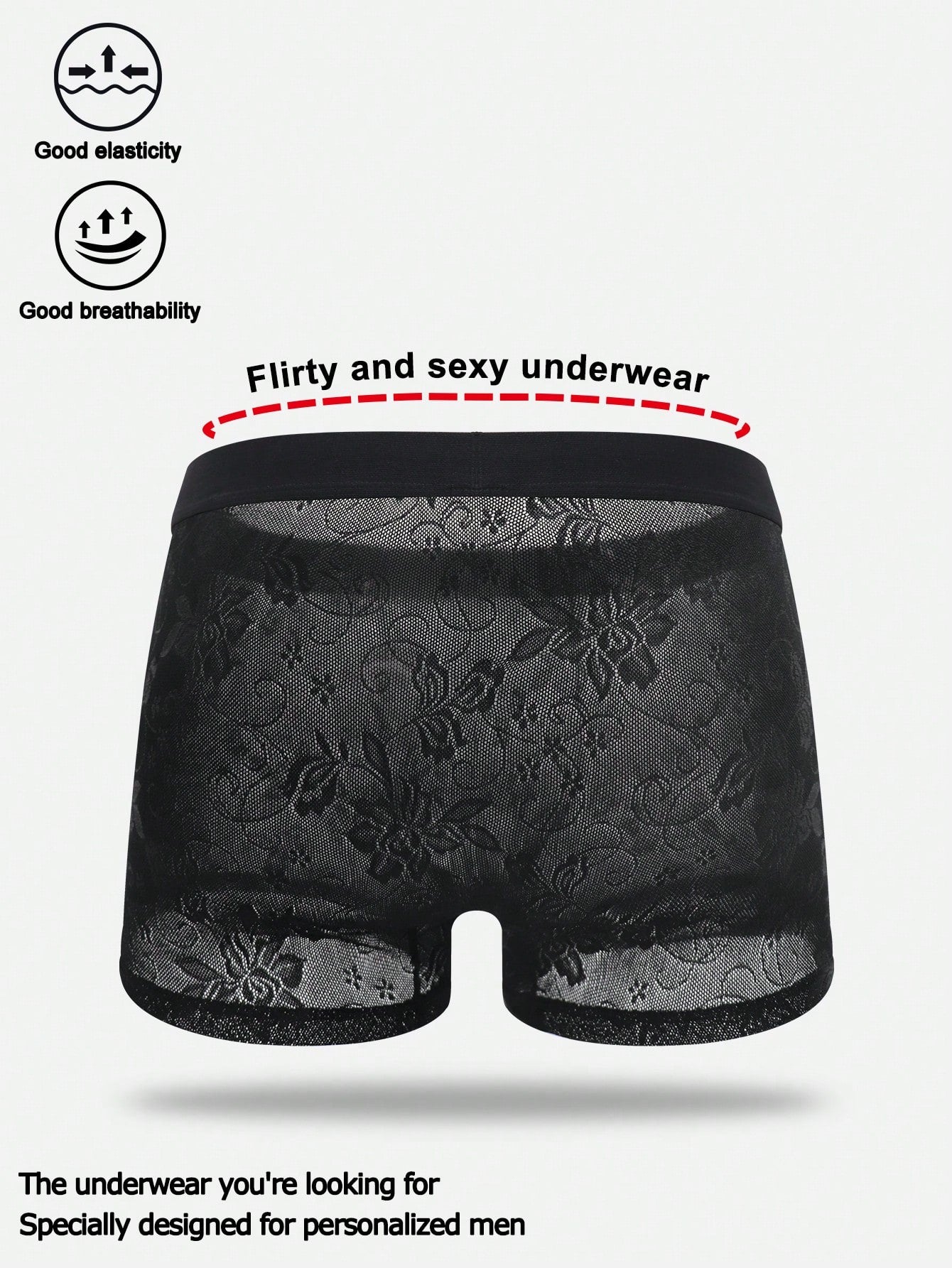 Men's black low-rise mesh boxer shorts with contrast lace details and a plain design