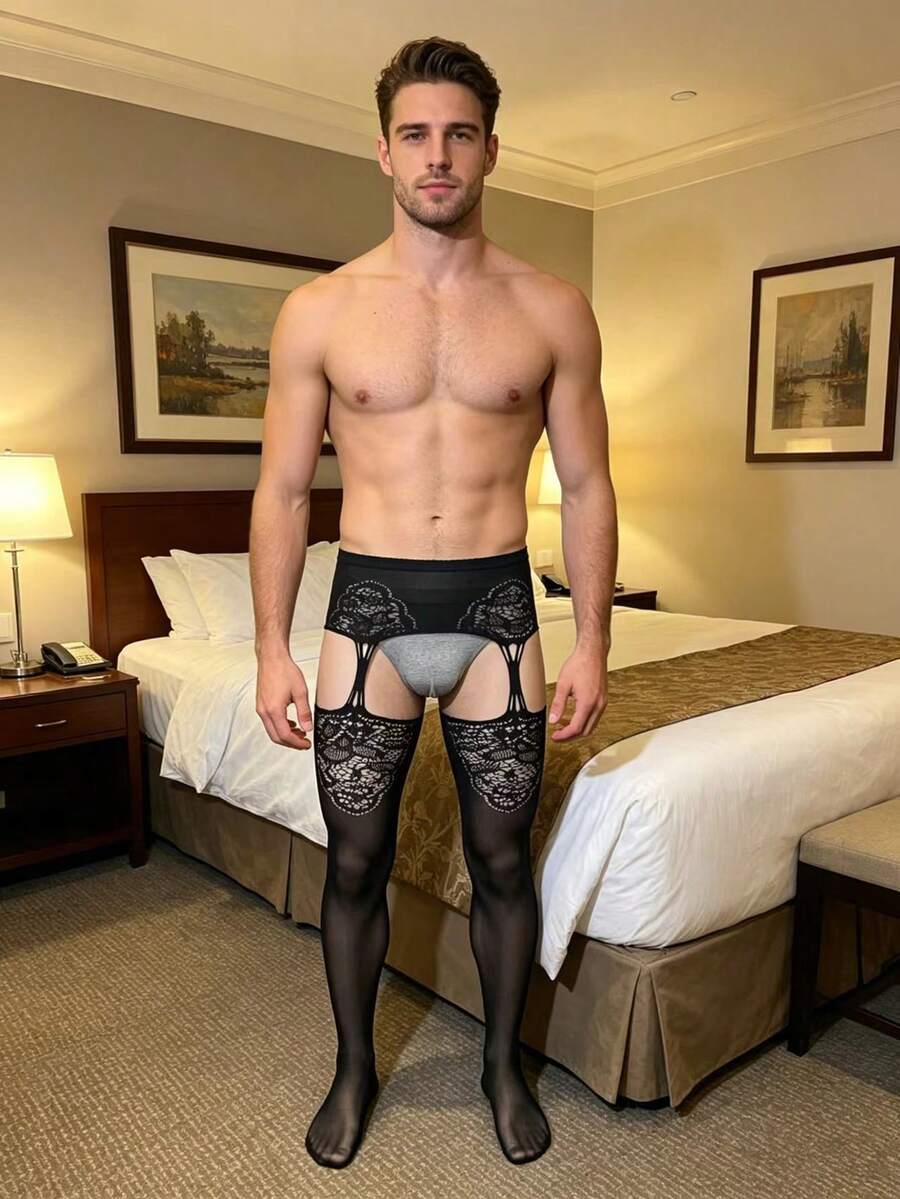 Men's black sheer fishnet hollow knit low-rise thong made from high-stretch knitted fabric.