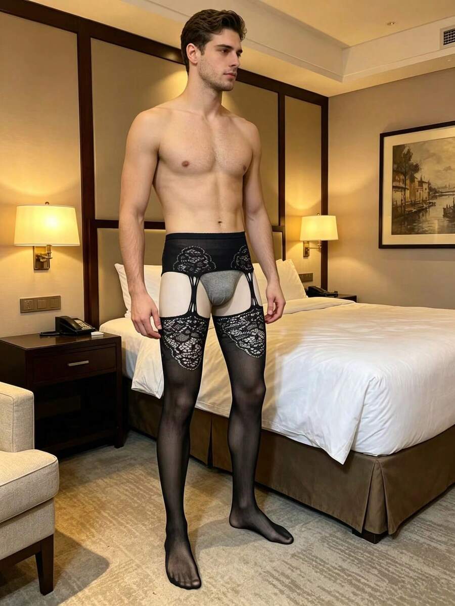 Men's black sheer fishnet hollow knit low-rise thong made from high-stretch knitted fabric.