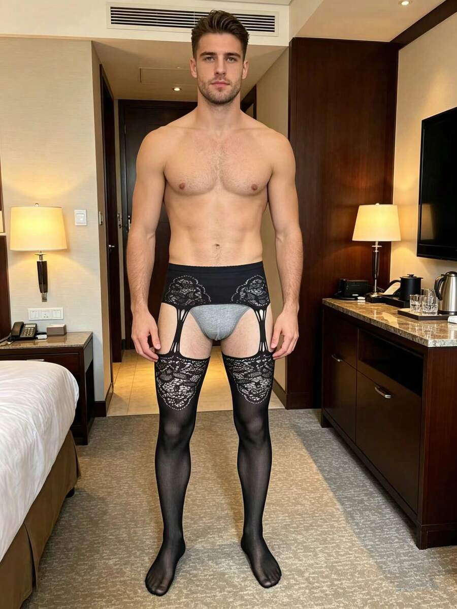 Men's black sheer fishnet hollow knit low-rise thong made from high-stretch knitted fabric.
