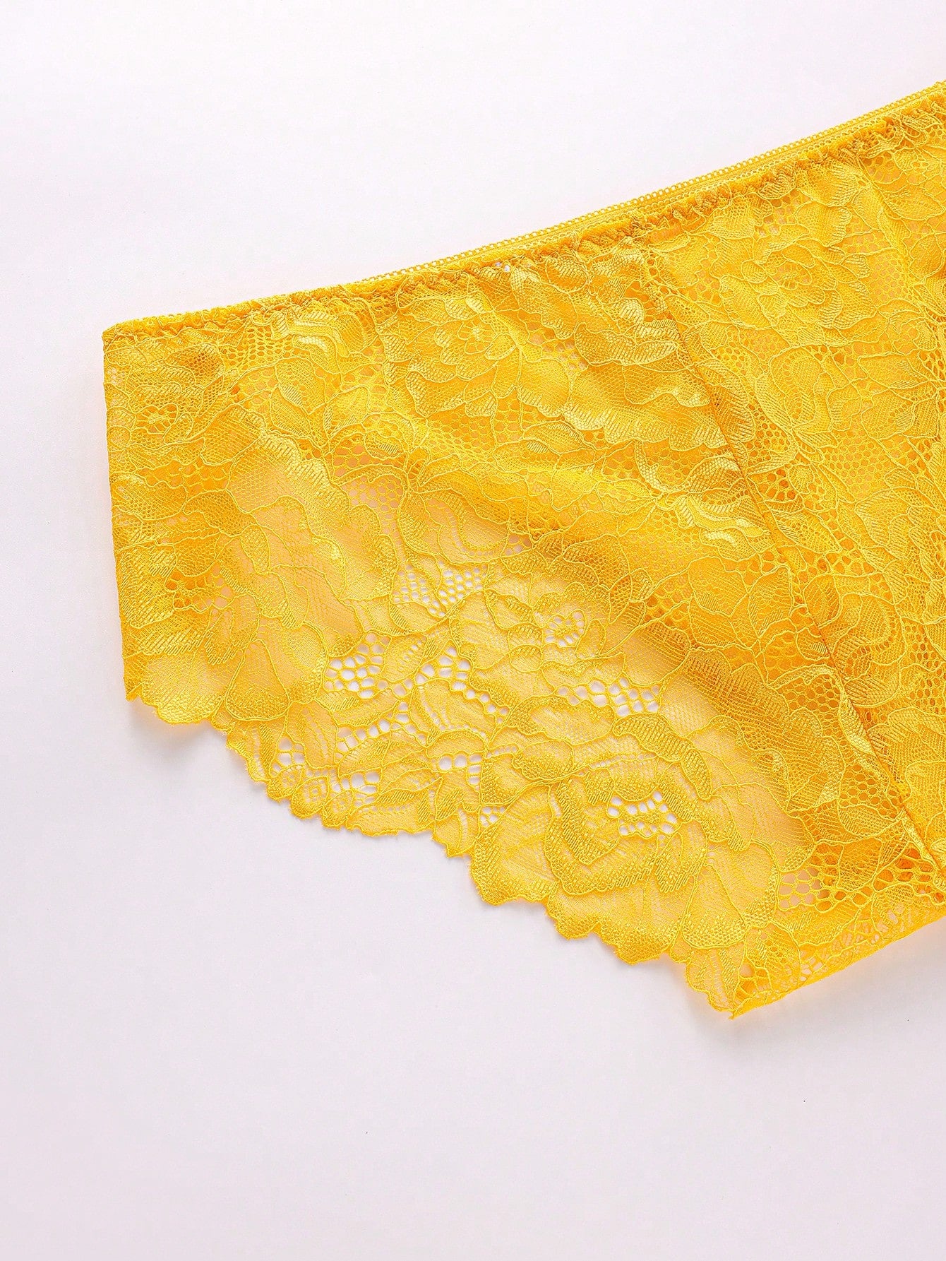Rest Era men's yellow mid-rise briefs with lace patchwork, plant pattern, and semi-sheer knitted fabric