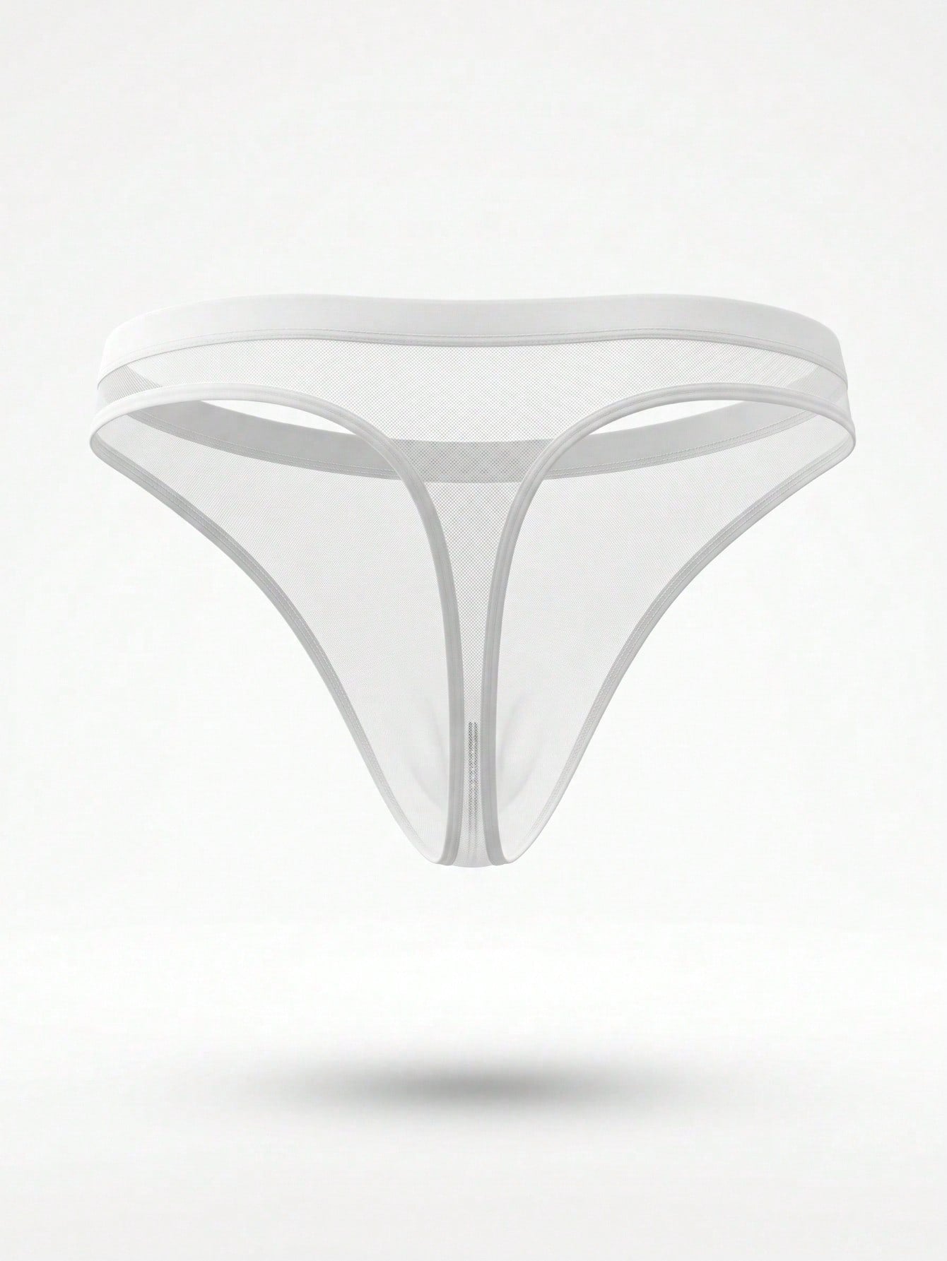 Men's white sheer mesh thong underwear with contrast mesh details, mid-rise fit, and colorblock plain design