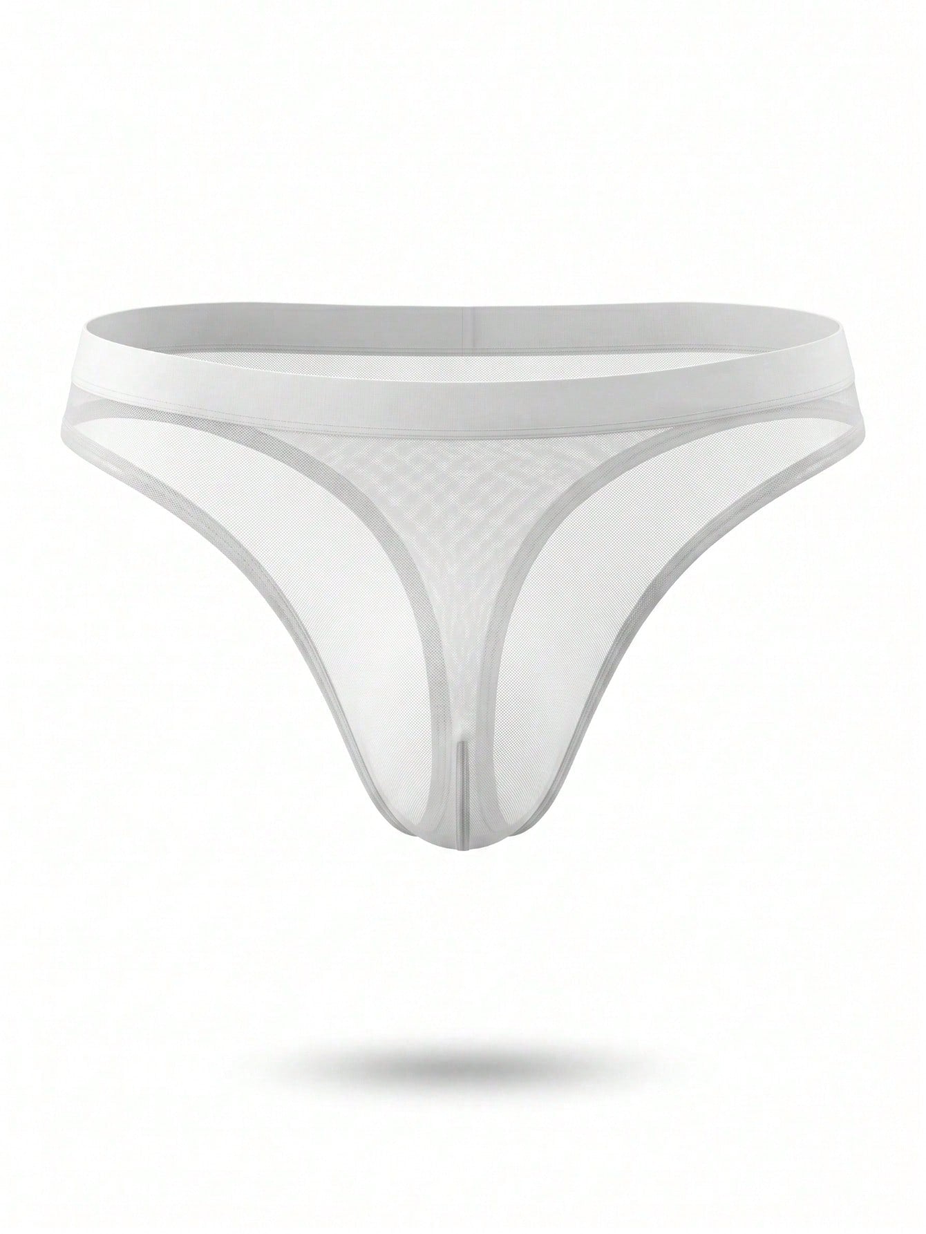 Men's white sheer mesh thong underwear with contrast mesh details, mid-rise fit, and colorblock plain design