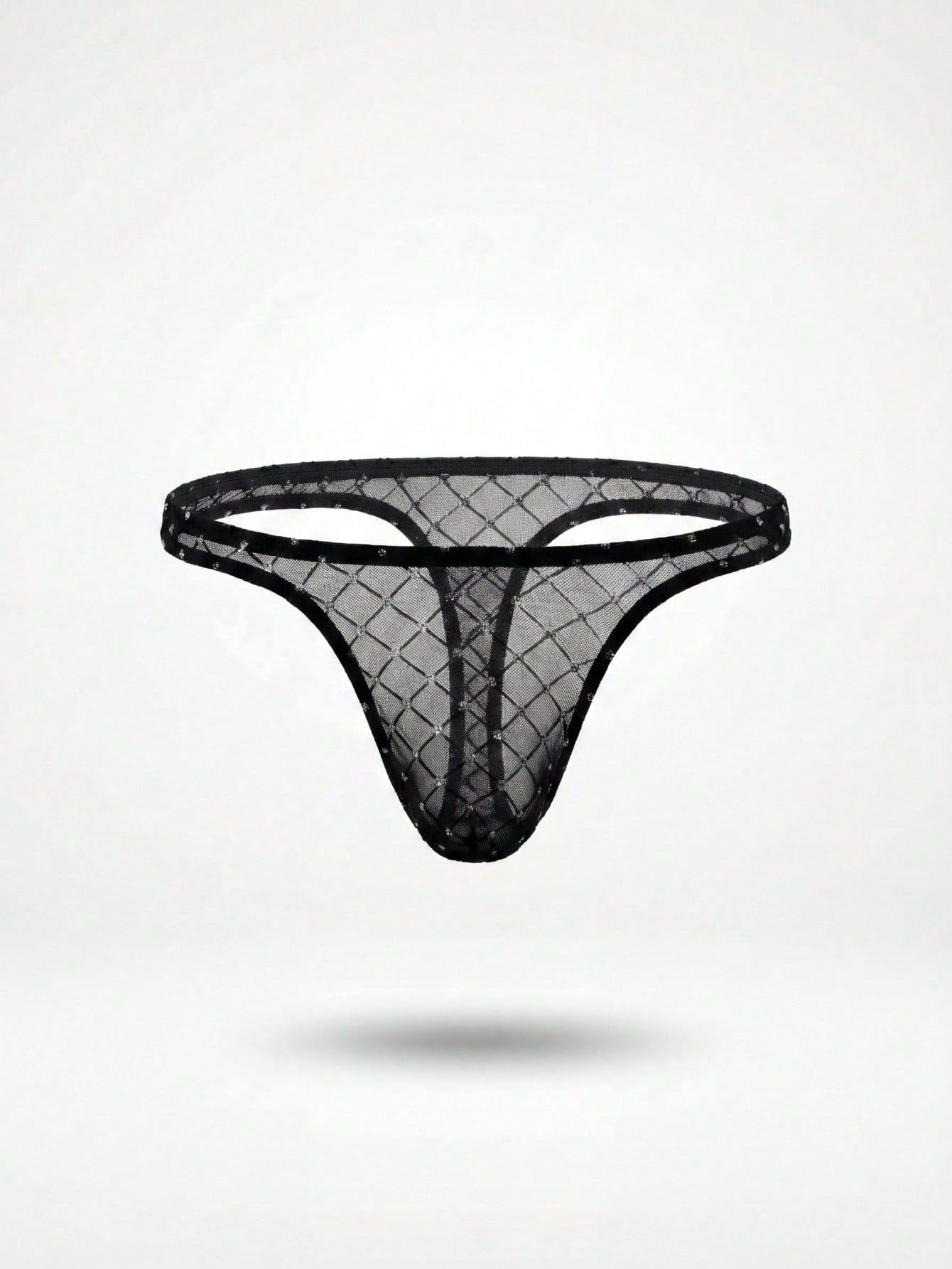 Men's black low rise thong with open rear T-back design, contrast mesh details, and plaid pattern