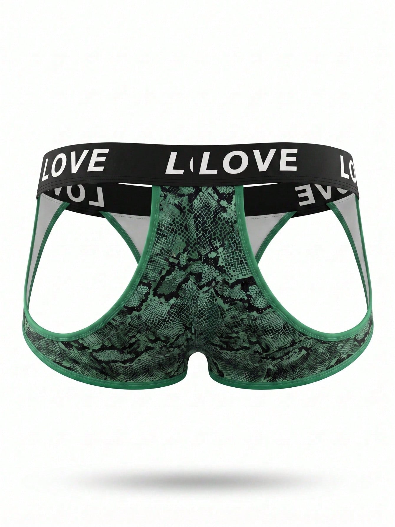 Men's letter print low-rise thong underwear with cut-out detail in a multicolor design.