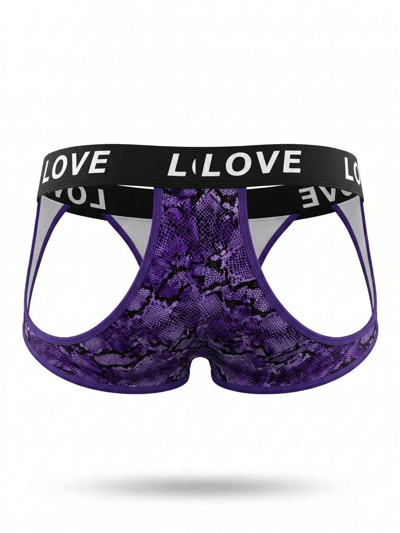 Men's letter print low-rise thong underwear with cut-out detail in a multicolor design.