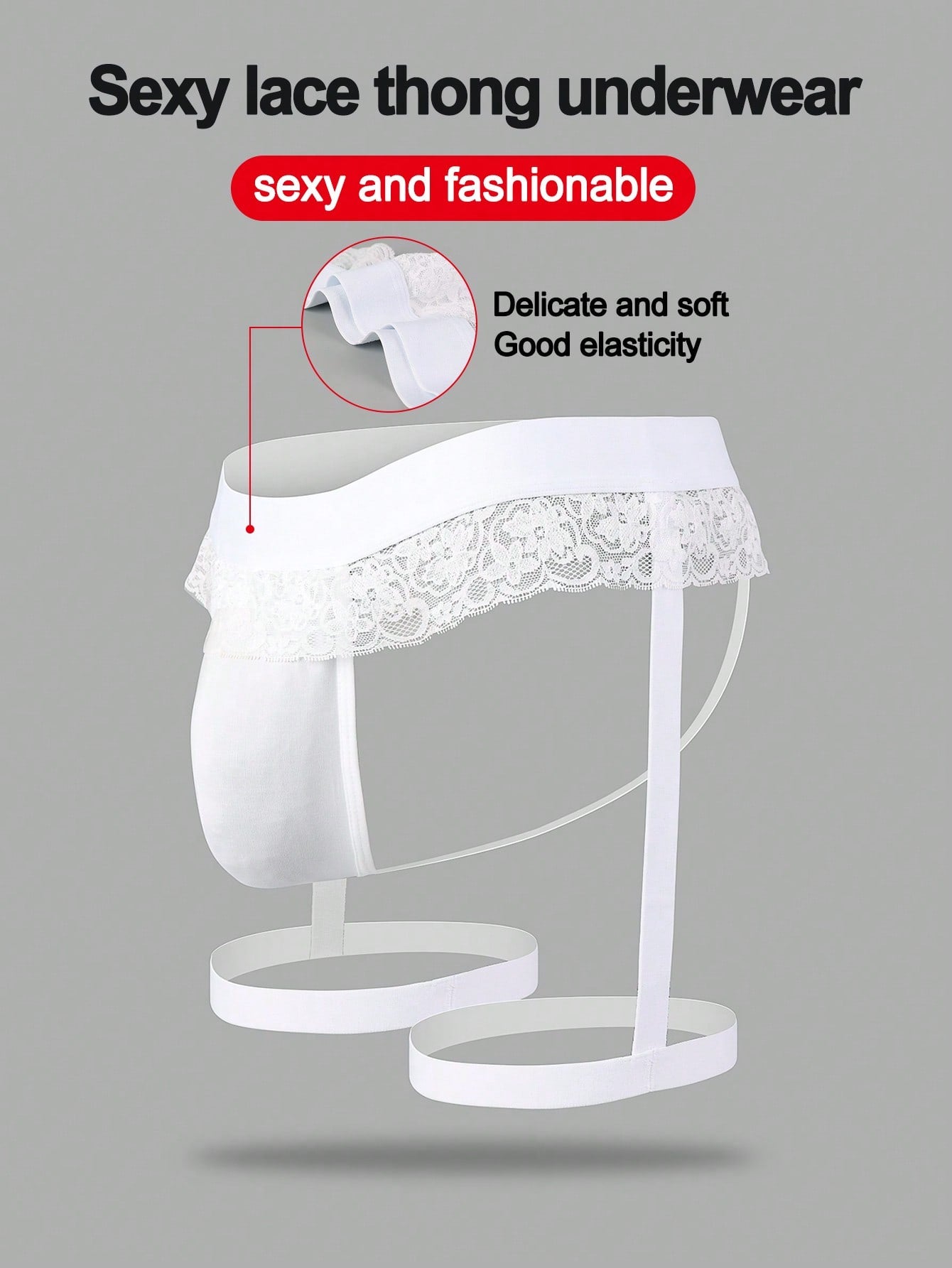 Men's white low-rise thong underwear with contrast lace detail and mesh fabric