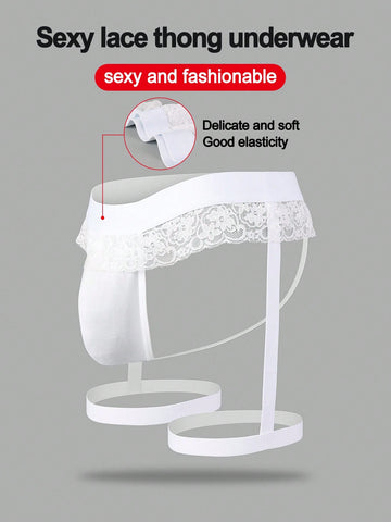 Men's white low-rise thong underwear with contrast lace detail and mesh fabric