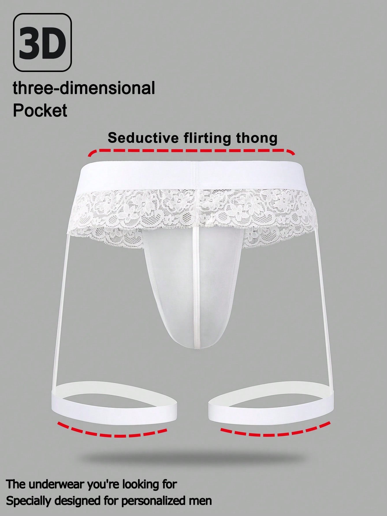 Men's white low-rise thong underwear with contrast lace detail and mesh fabric