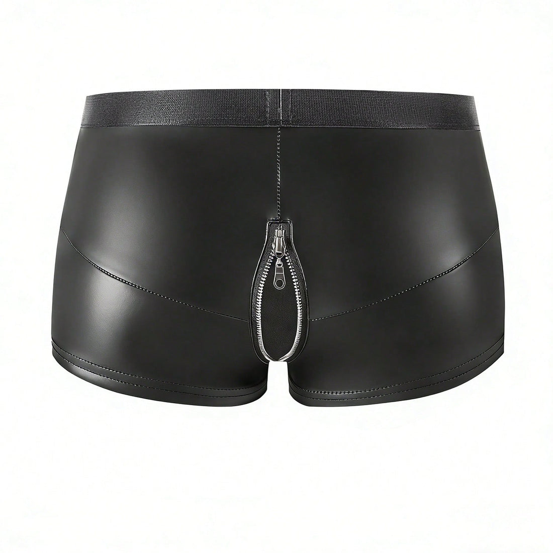 Men's black PU boxer shorts with zipper fly pouch and slight stretch, non-sheer underwear for parties and festival wear