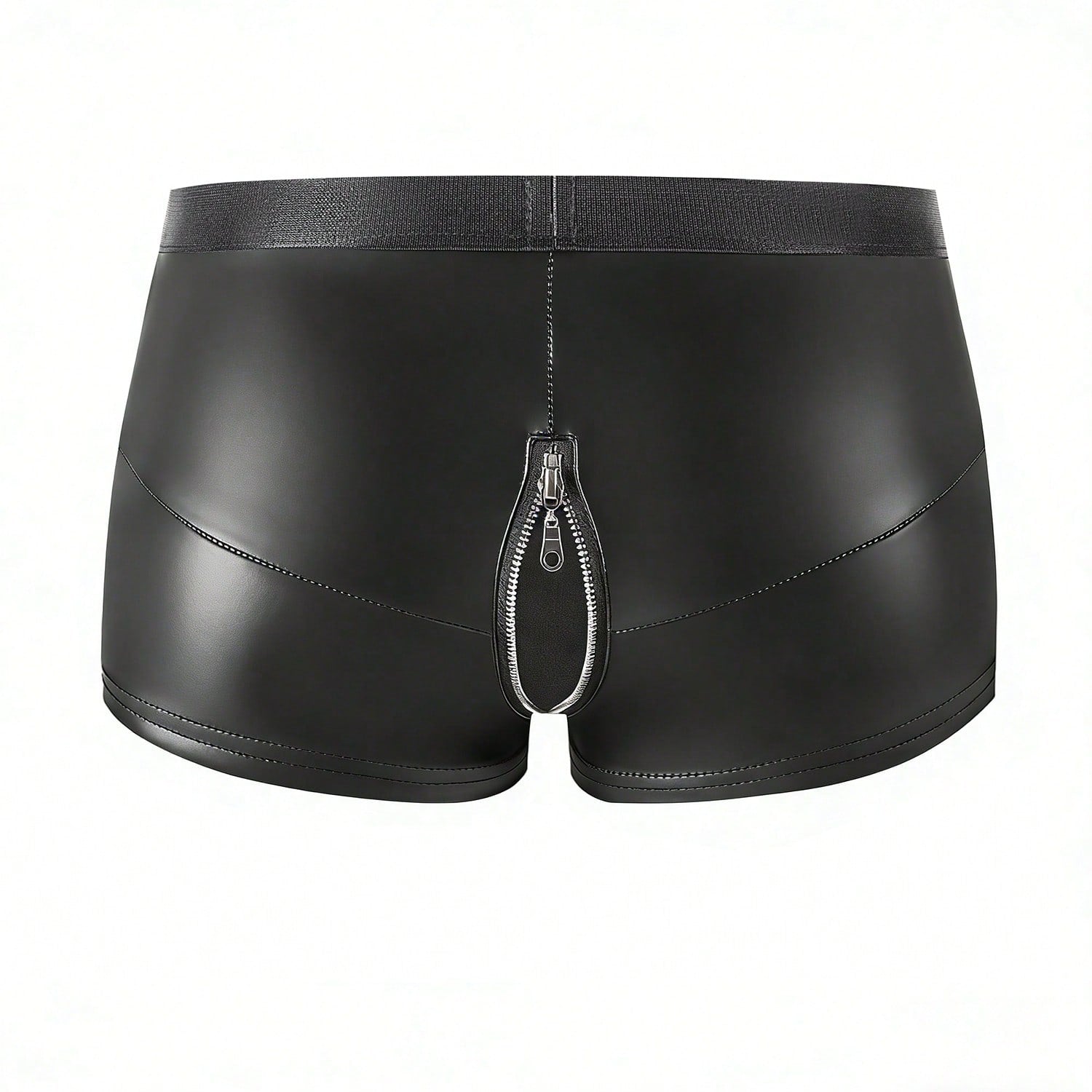 Men's black PU boxer shorts with zipper fly pouch and slight stretch, non-sheer underwear for parties and festival wear