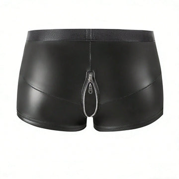 Men's black PU boxer shorts with zipper fly pouch and slight stretch, non-sheer underwear for parties and festival wear