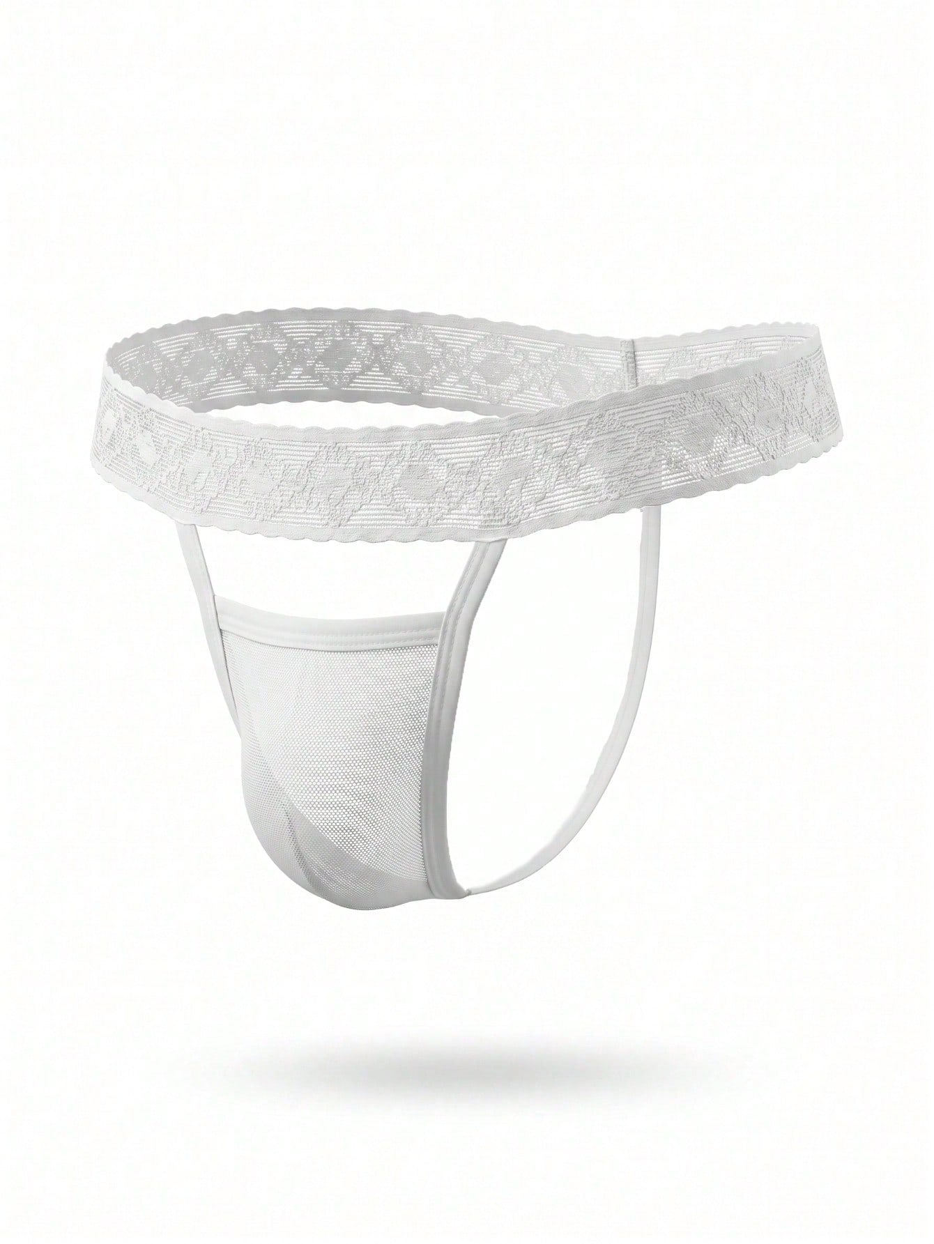Men's white low-rise thong made from mesh fabric with lace styling and a plain design