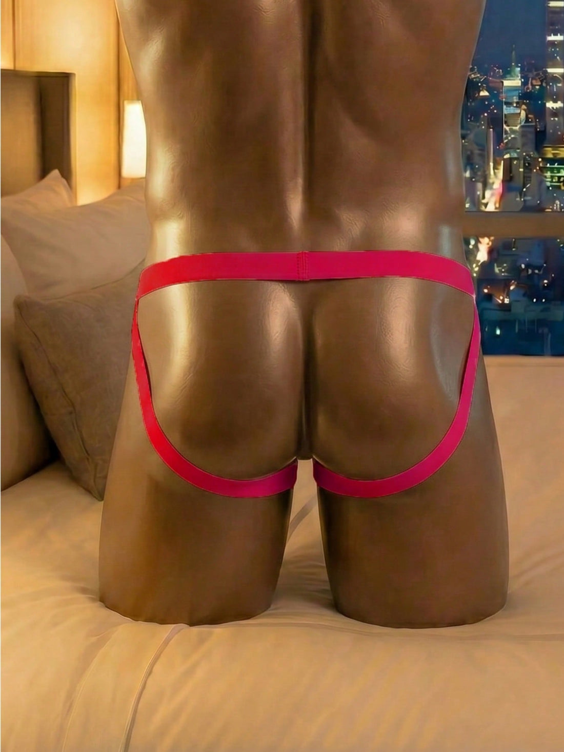 Men's hot pink crotchless low-rise jockstrap underwear with criss cross detail and plain knitted fabric