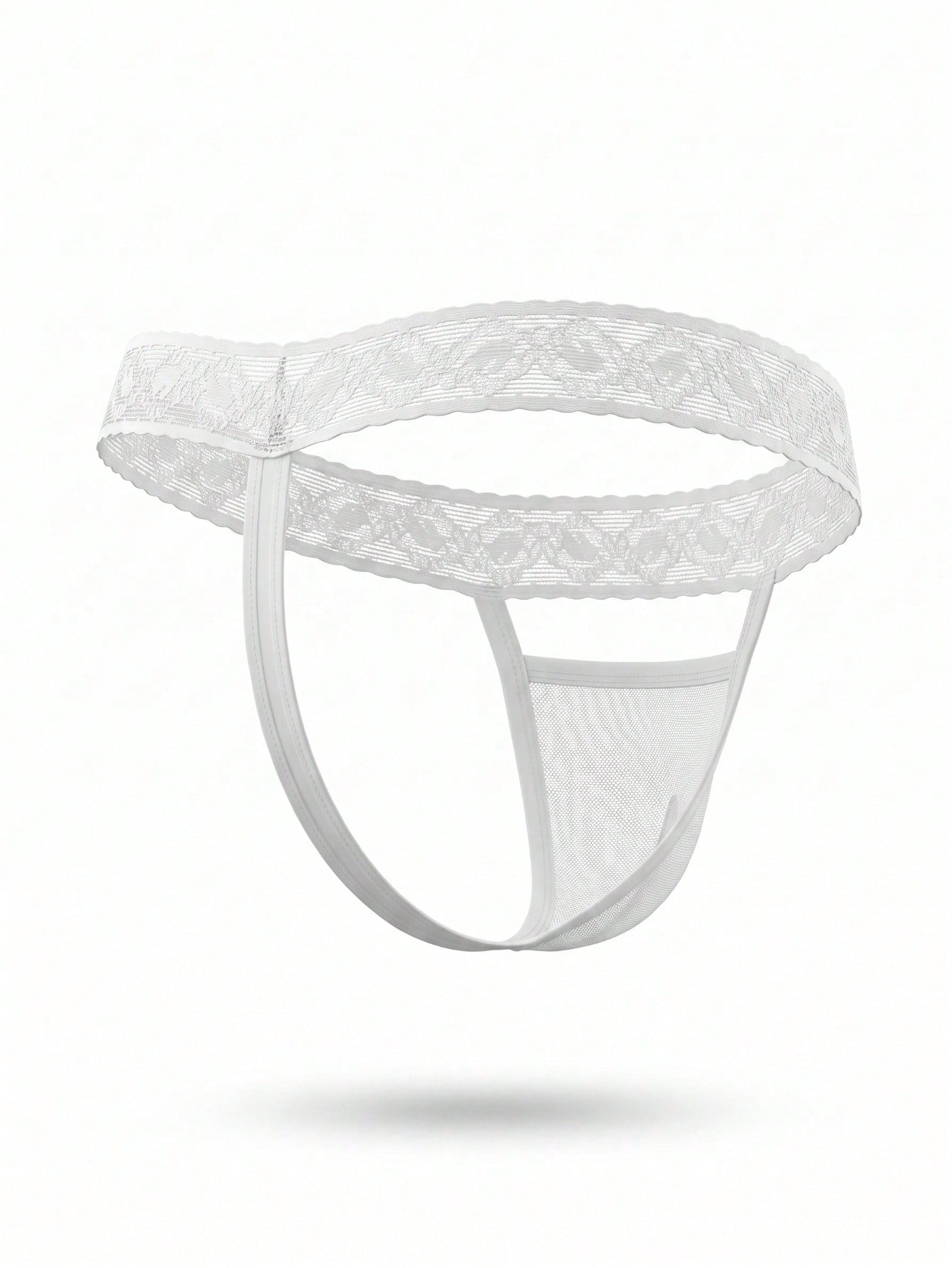 Men's white low-rise thong made from mesh fabric with lace styling and a plain design