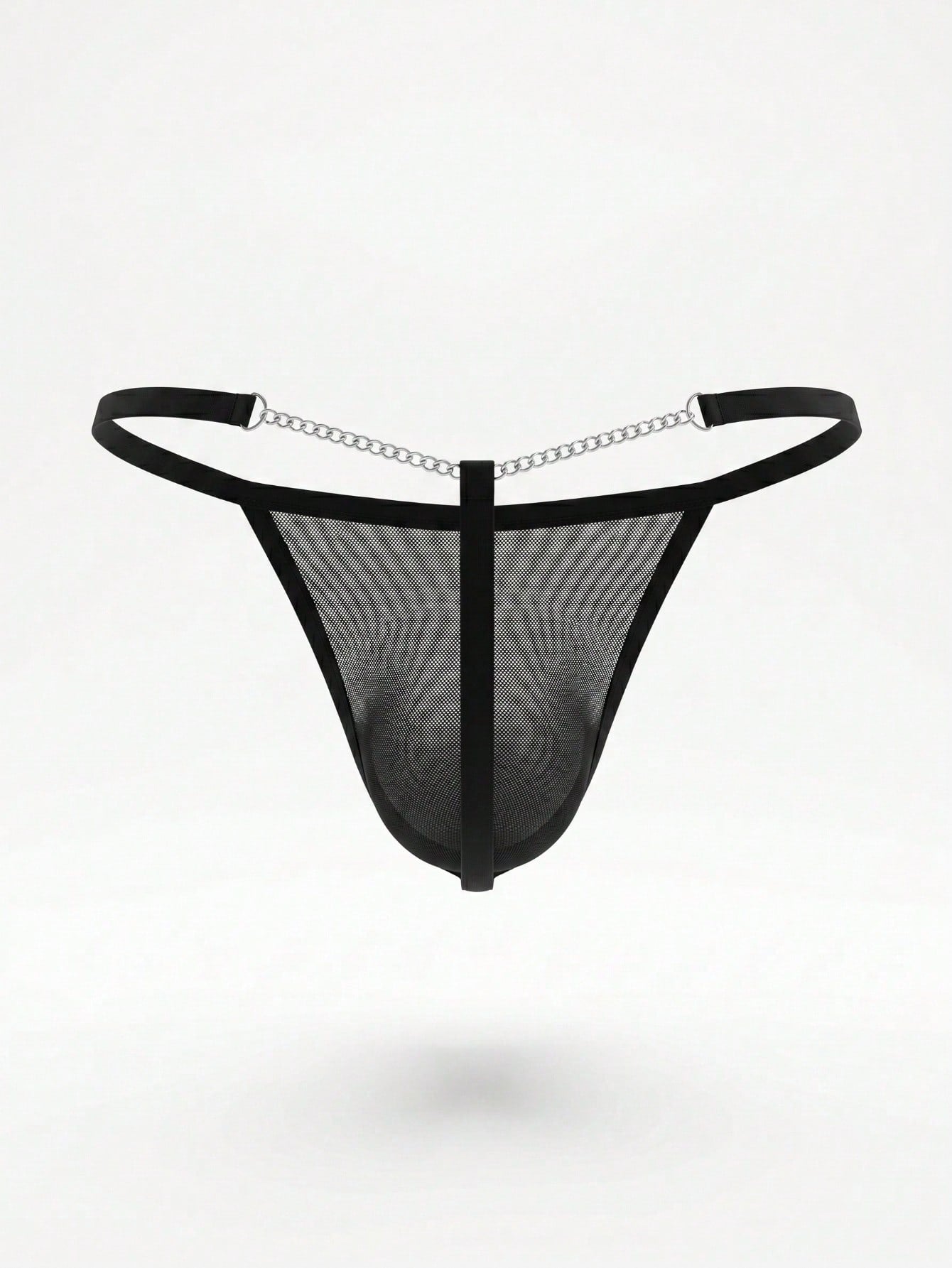 Men's black mesh low-rise thong with chain detailing