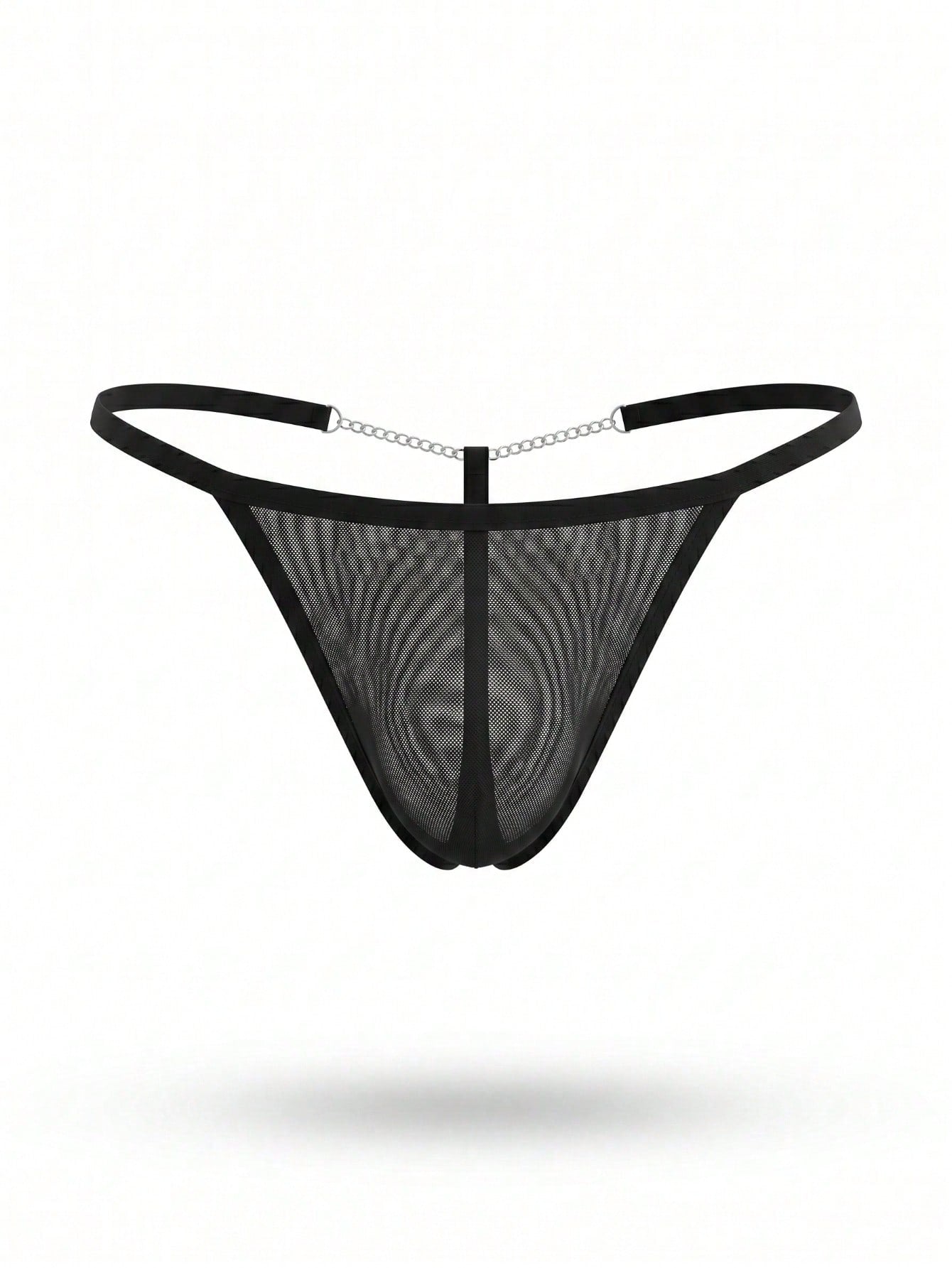 Men's black mesh low-rise thong with chain detailing