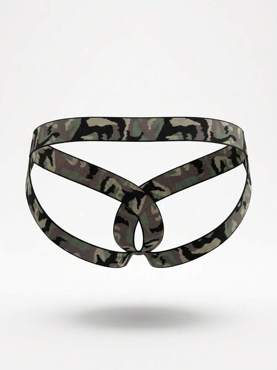 Front view of a plain blue men's low rise double thong with ring detail.
