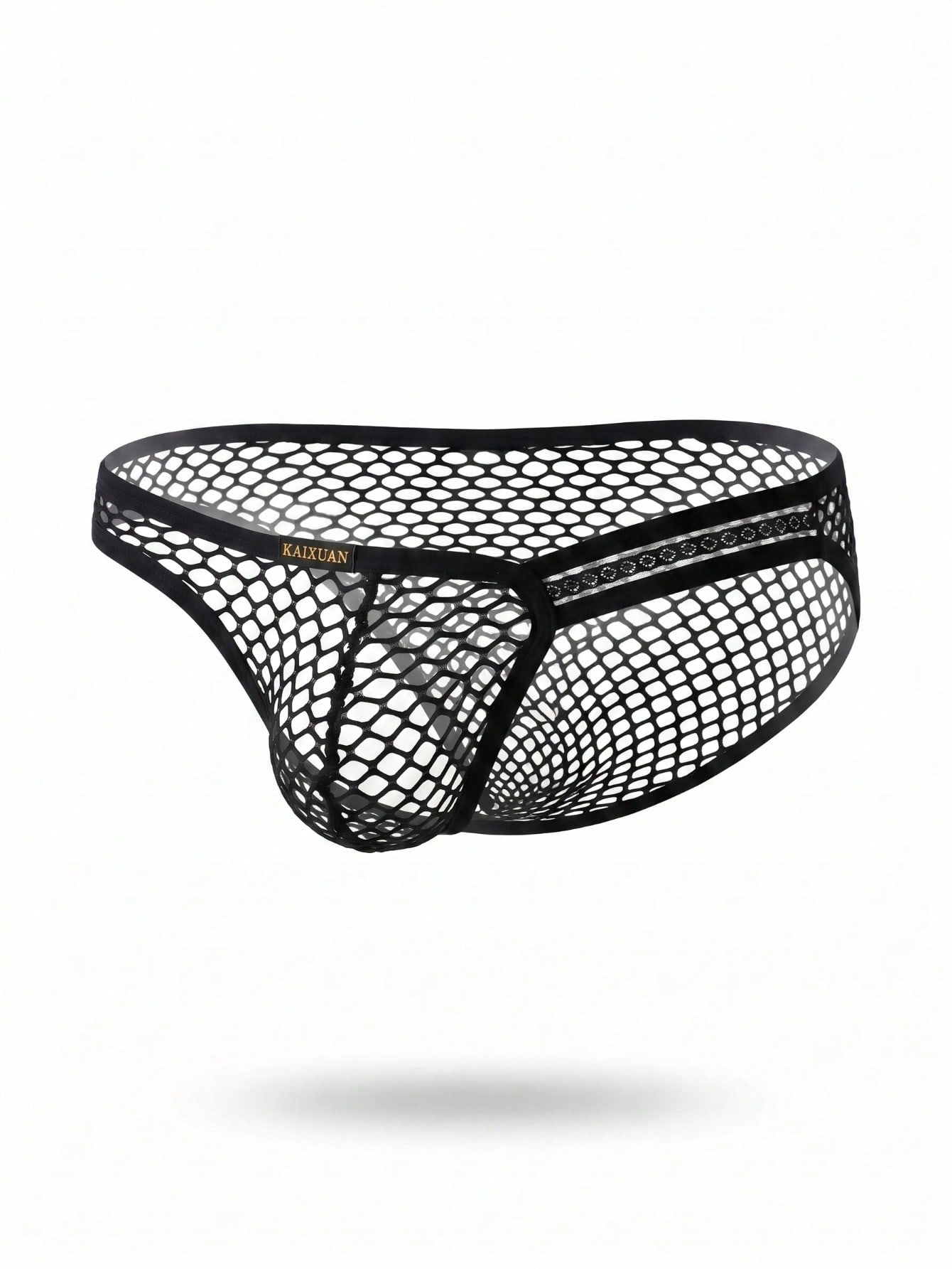 Men's black low-rise briefs with a geometric hollow-out fishnet design