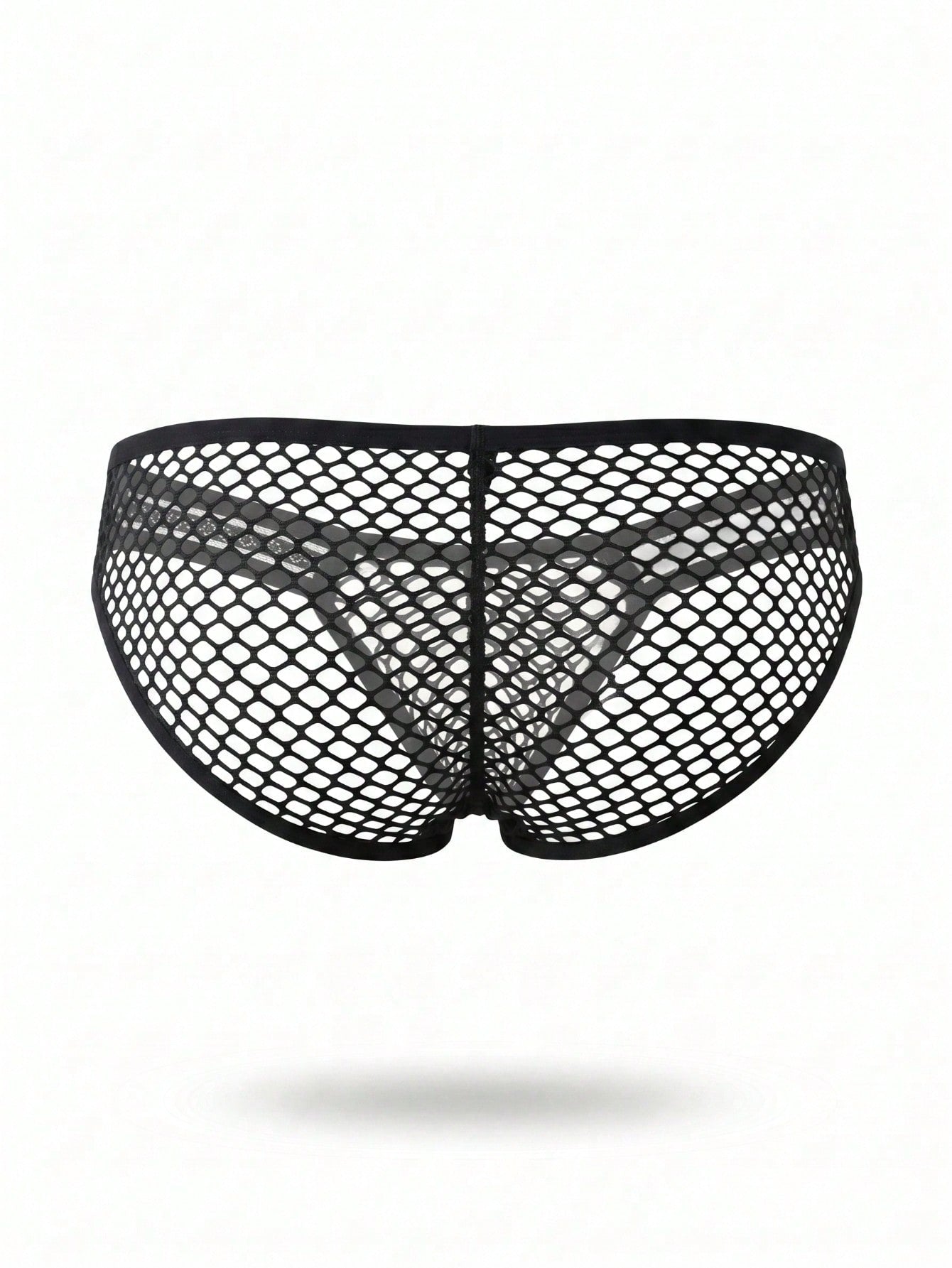 Men's black low-rise briefs with a geometric hollow-out fishnet design