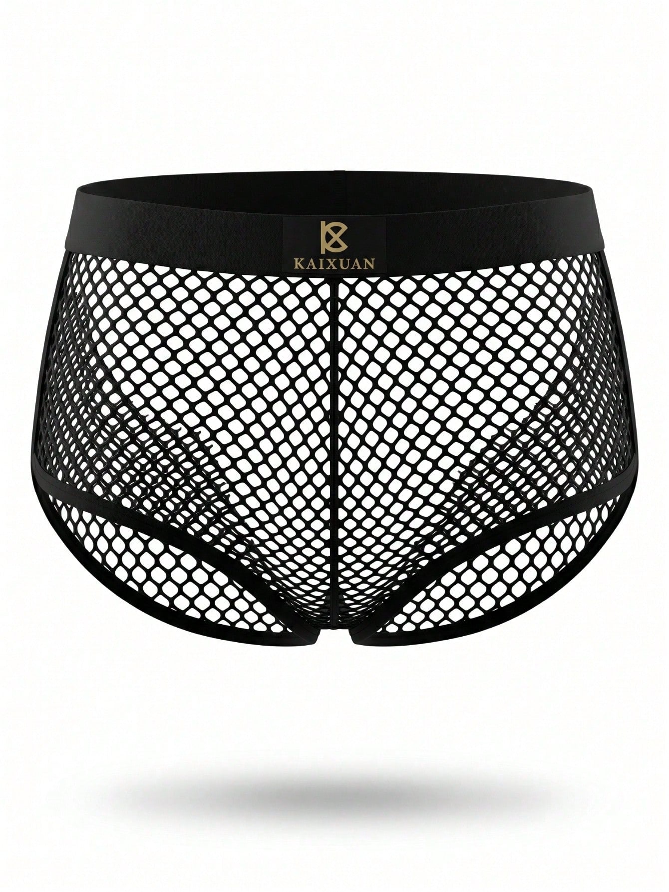 Men's black mesh low-rise boxer shorts with hollow-out detailing and plain design