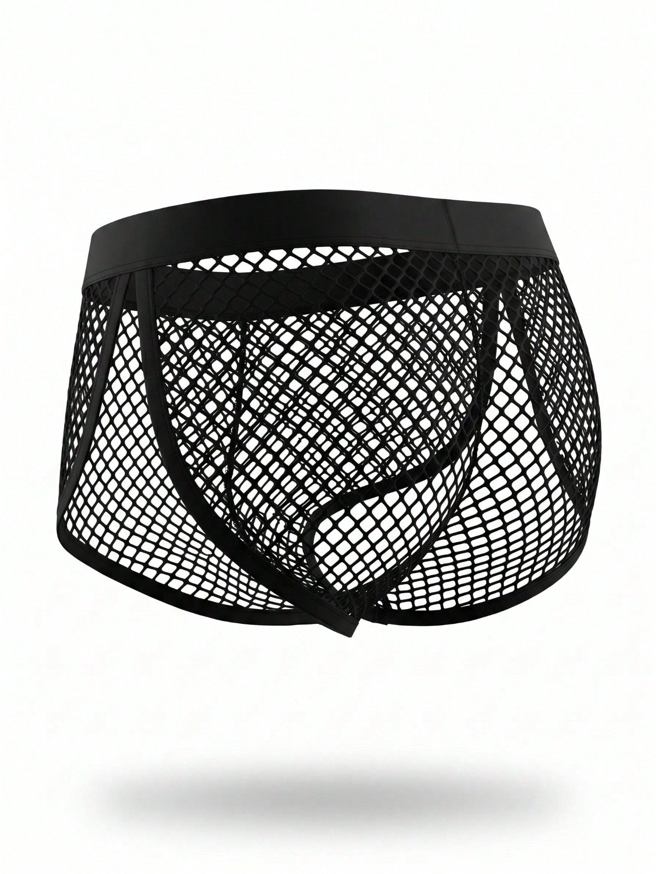 Men's black mesh low-rise boxer shorts with hollow-out detailing and plain design