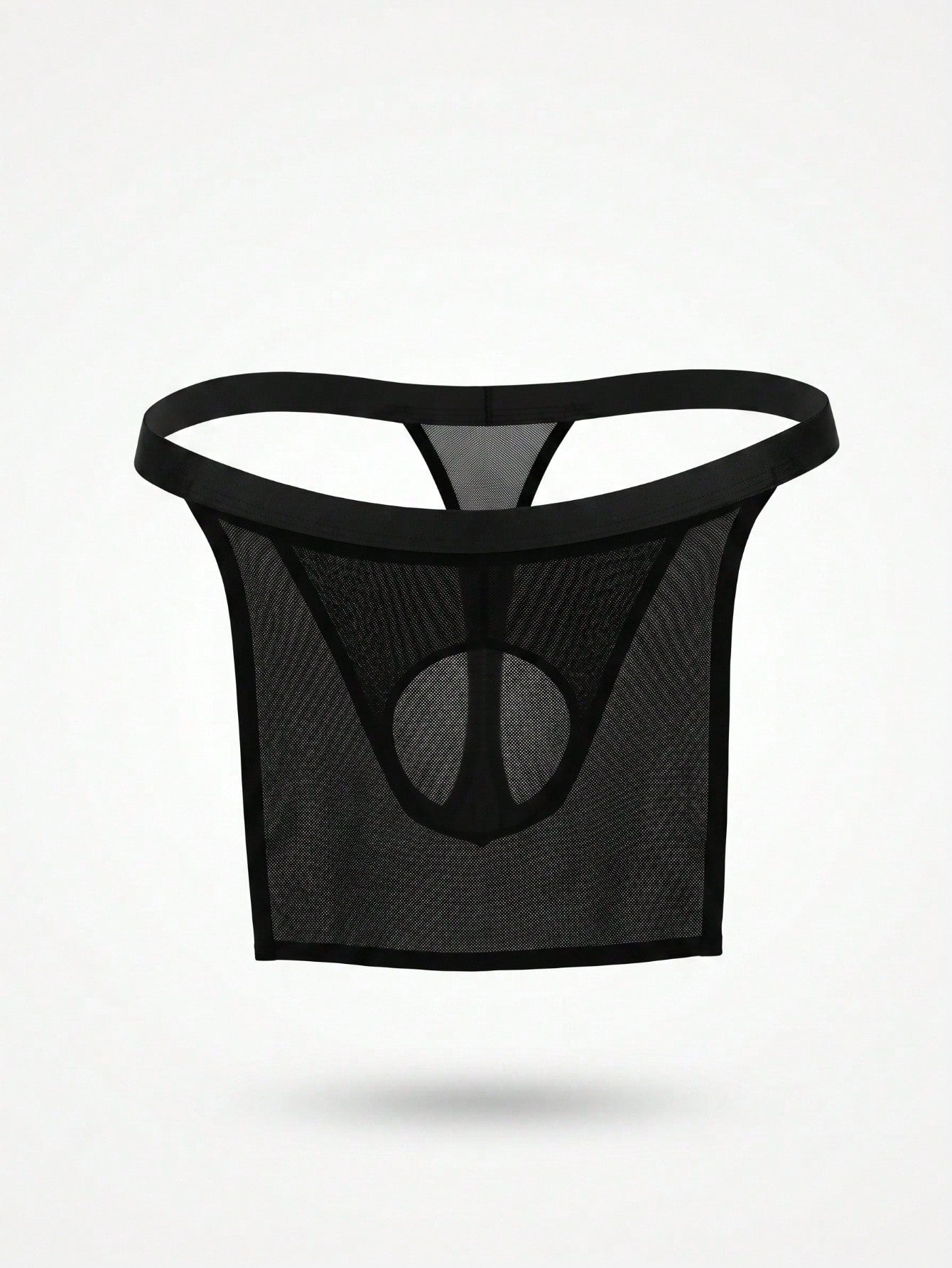 Men's black mesh low-rise thong briefs, plain 1-piece underwear with medium-stretch fabric