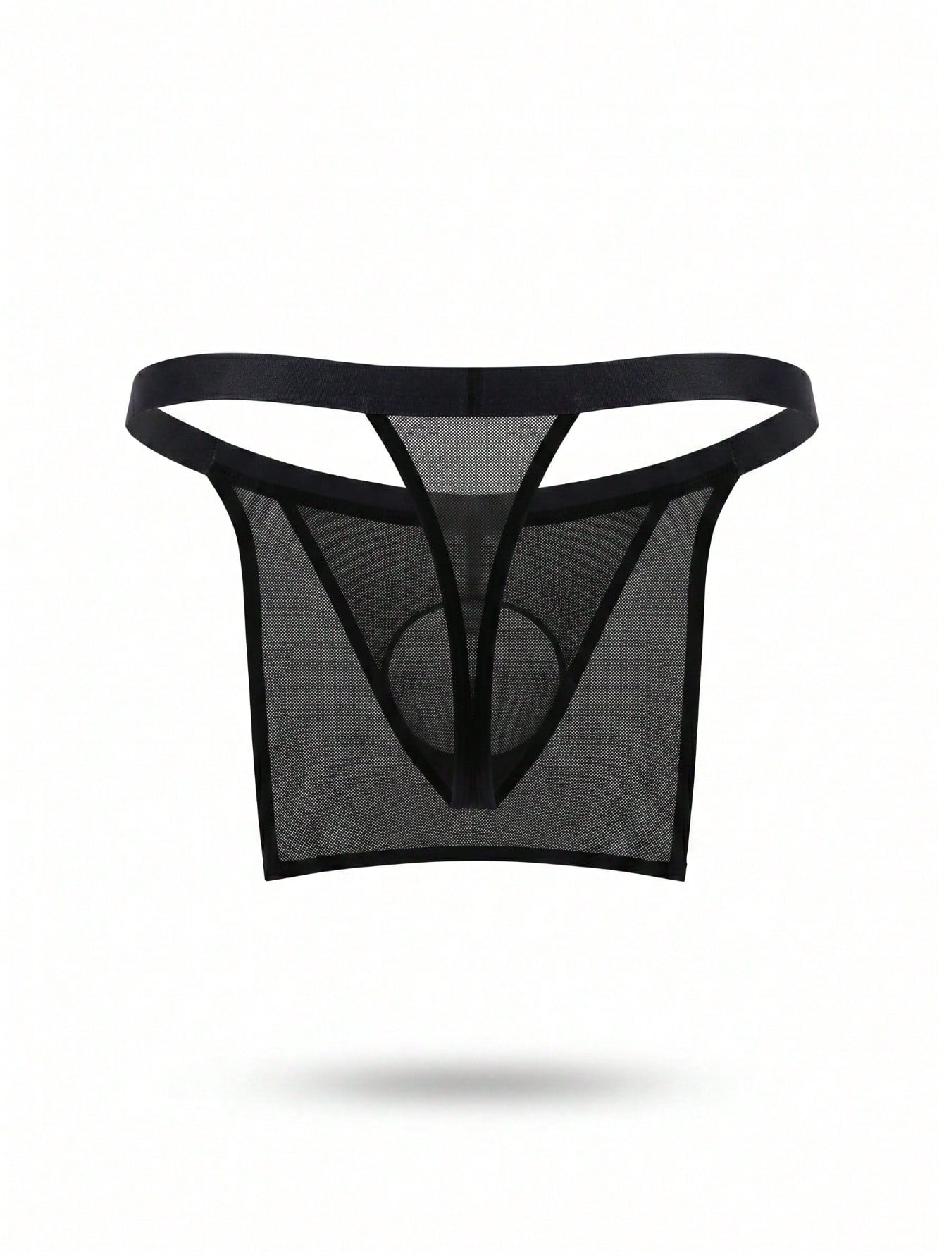 Men's black mesh low-rise thong briefs, plain 1-piece underwear with medium-stretch fabric