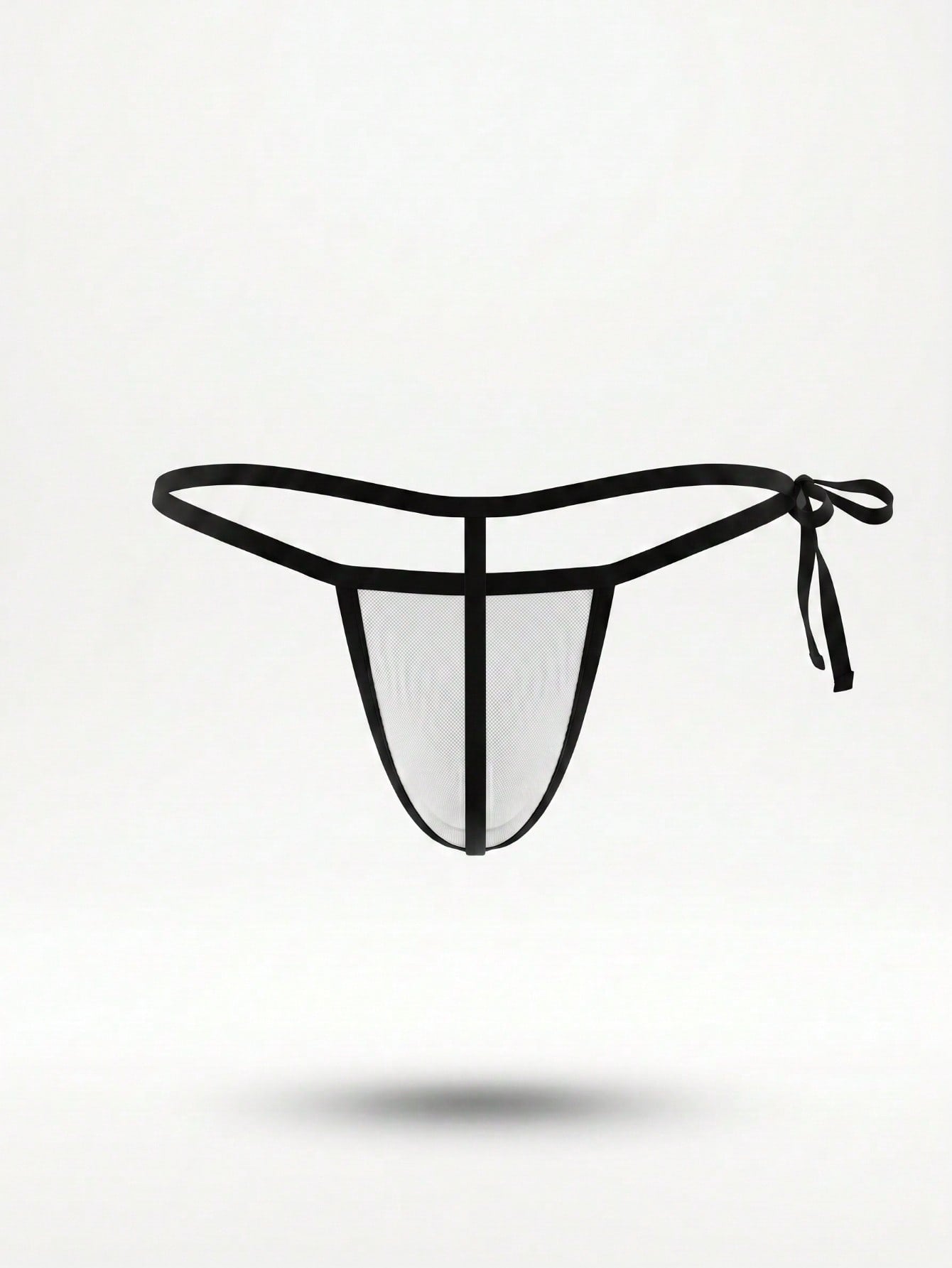 White men's mesh lace-up crotchless thong briefs with contrast binding and knot detail