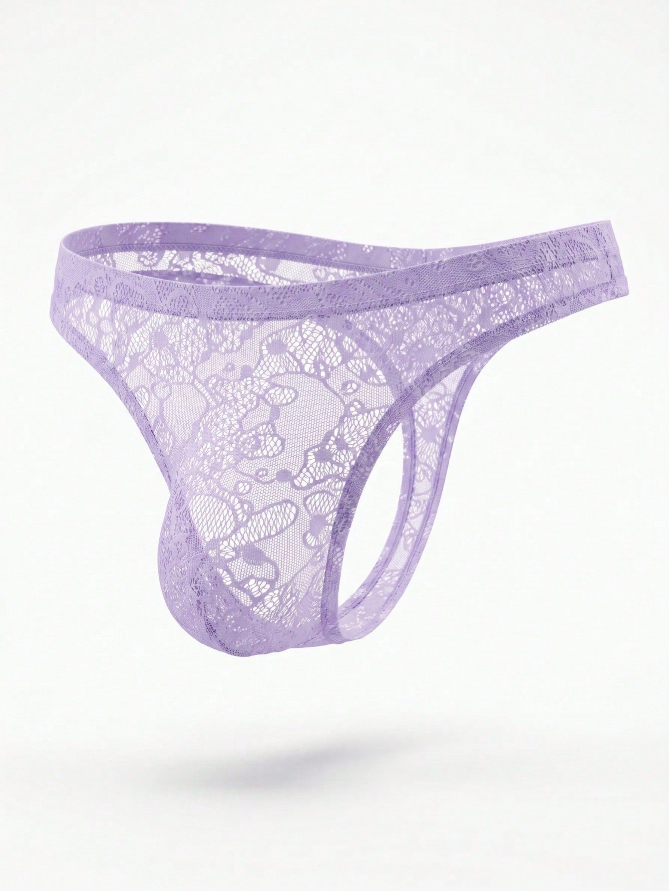 Lace sheer thong underwear with hollow-out detail, low-rise cut, and plain semi-sheer design