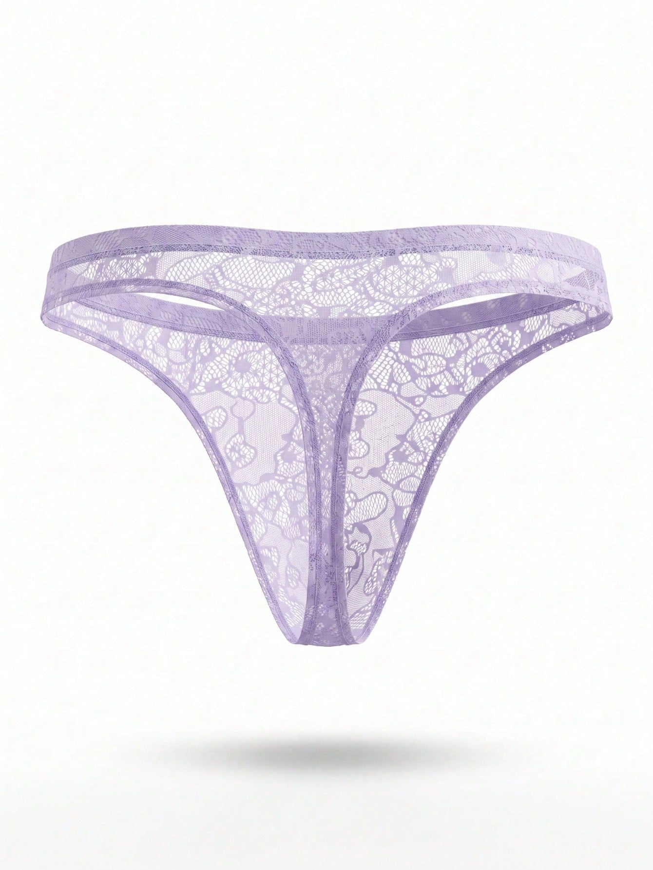 Lace sheer thong underwear with hollow-out detail, low-rise cut, and plain semi-sheer design