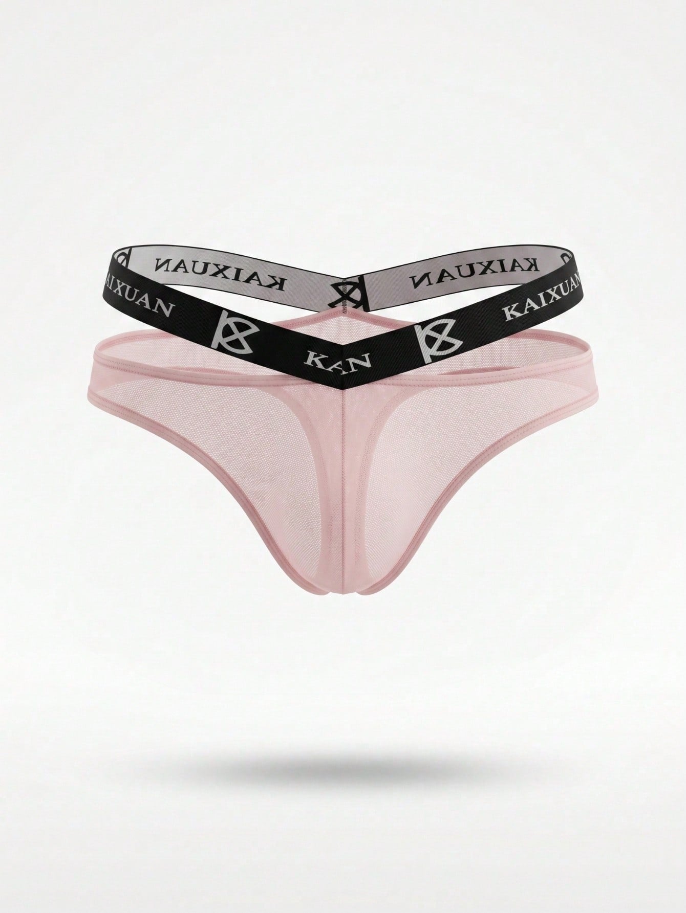 Men's pink low-rise thin mesh thong underwear with plain styling and tape detail