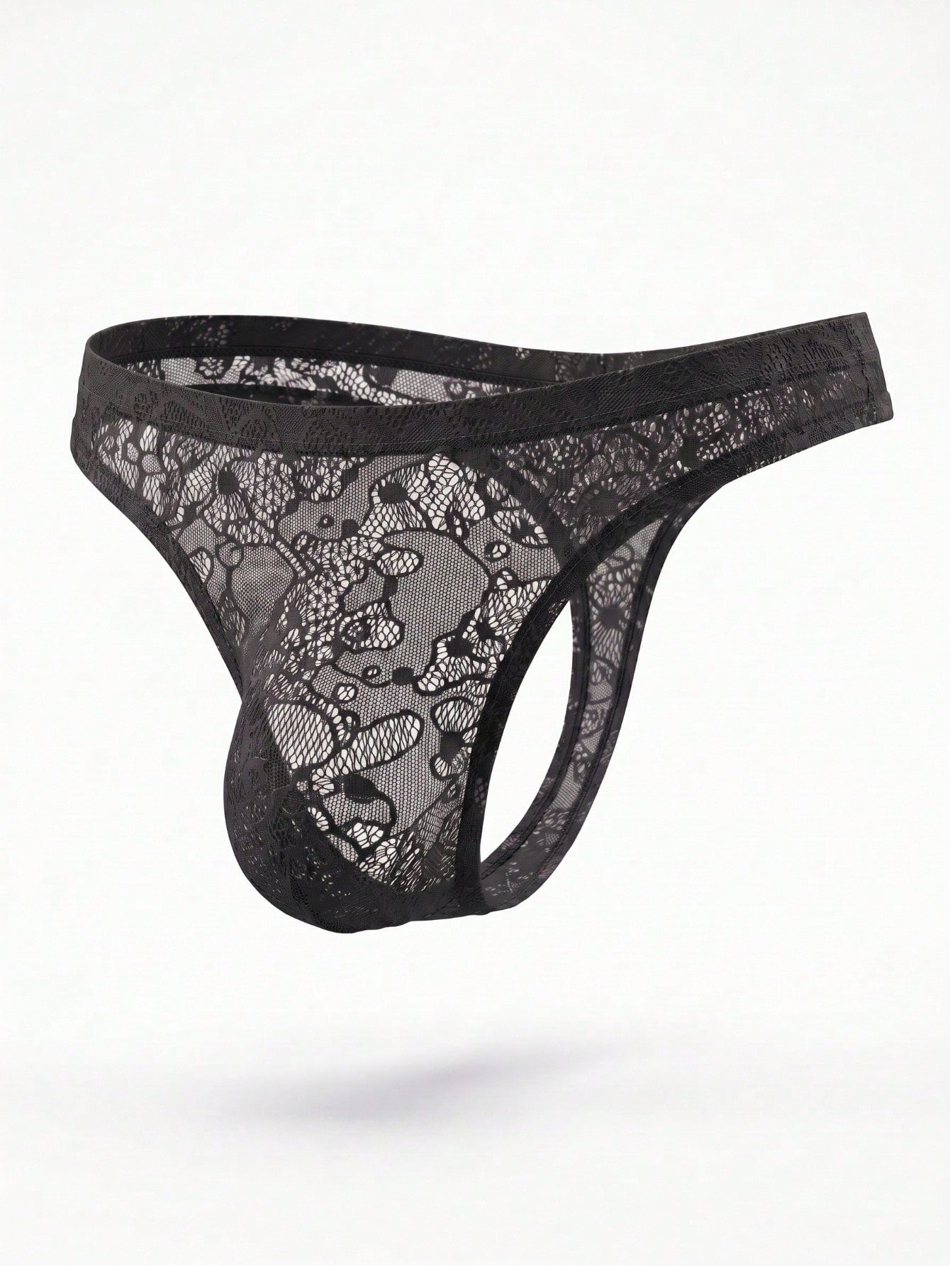 Lace sheer thong underwear with hollow-out detail, low-rise cut, and plain semi-sheer design