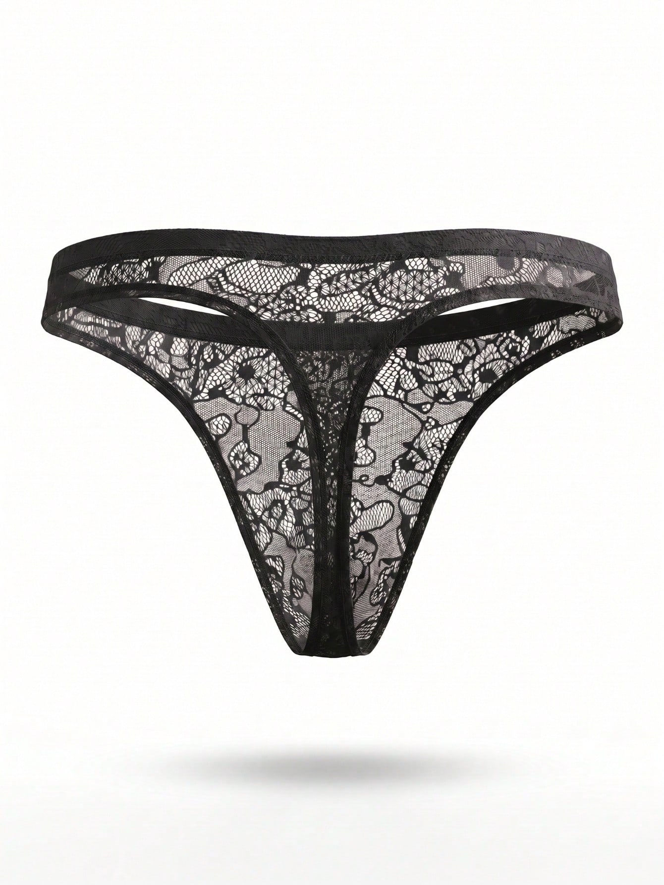 Lace sheer thong underwear with hollow-out detail, low-rise cut, and plain semi-sheer design