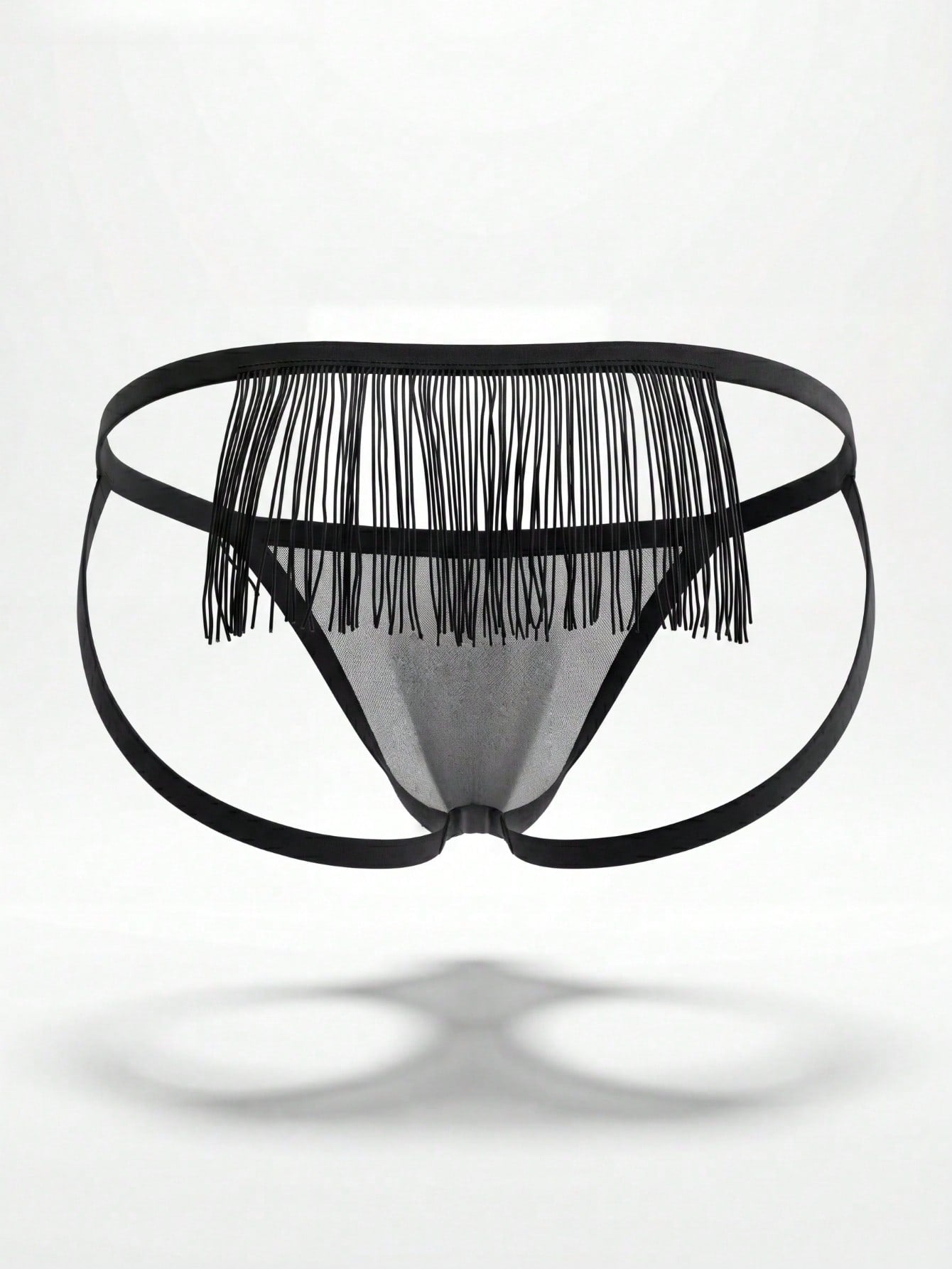 Men's black mesh jockstrap underwear with tassel detail, low-rise waist, and colorblock design