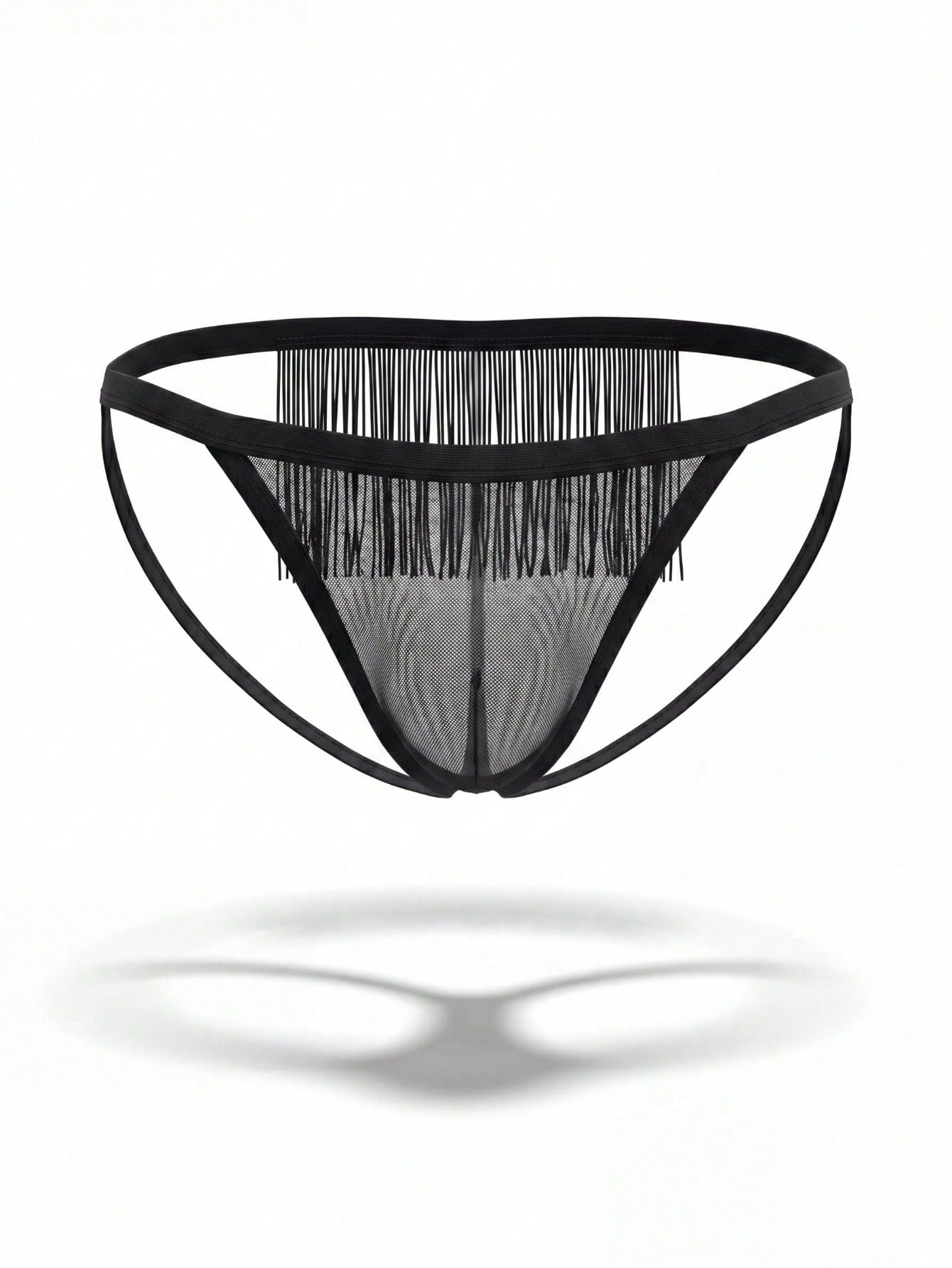 Men's black mesh jockstrap underwear with tassel detail, low-rise waist, and colorblock design