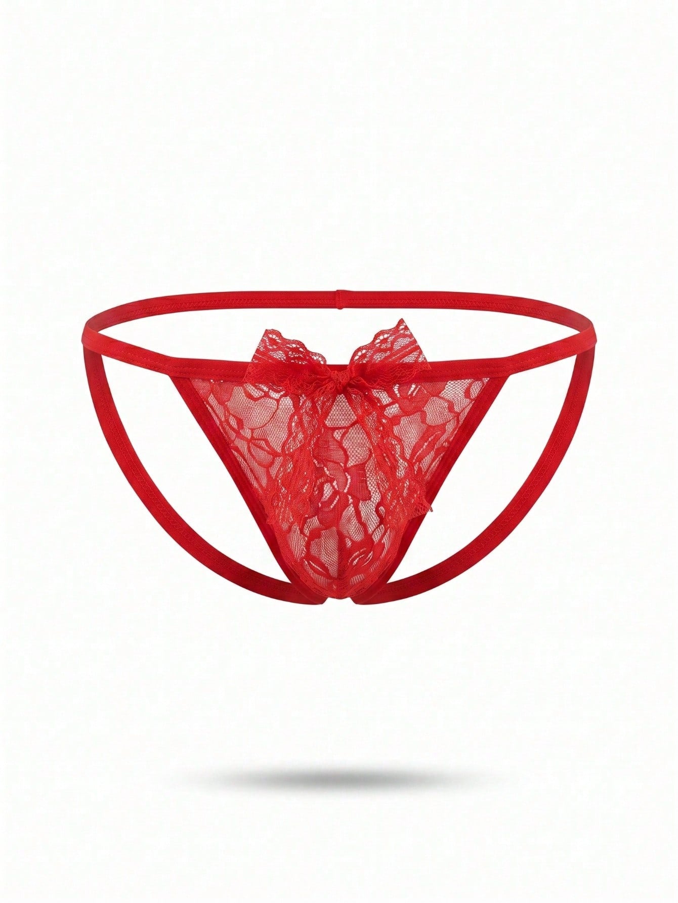 Fashionable Vibrant Red Rose Lace Bright Red Bow Waist Back Open Sexy Men's Underwear