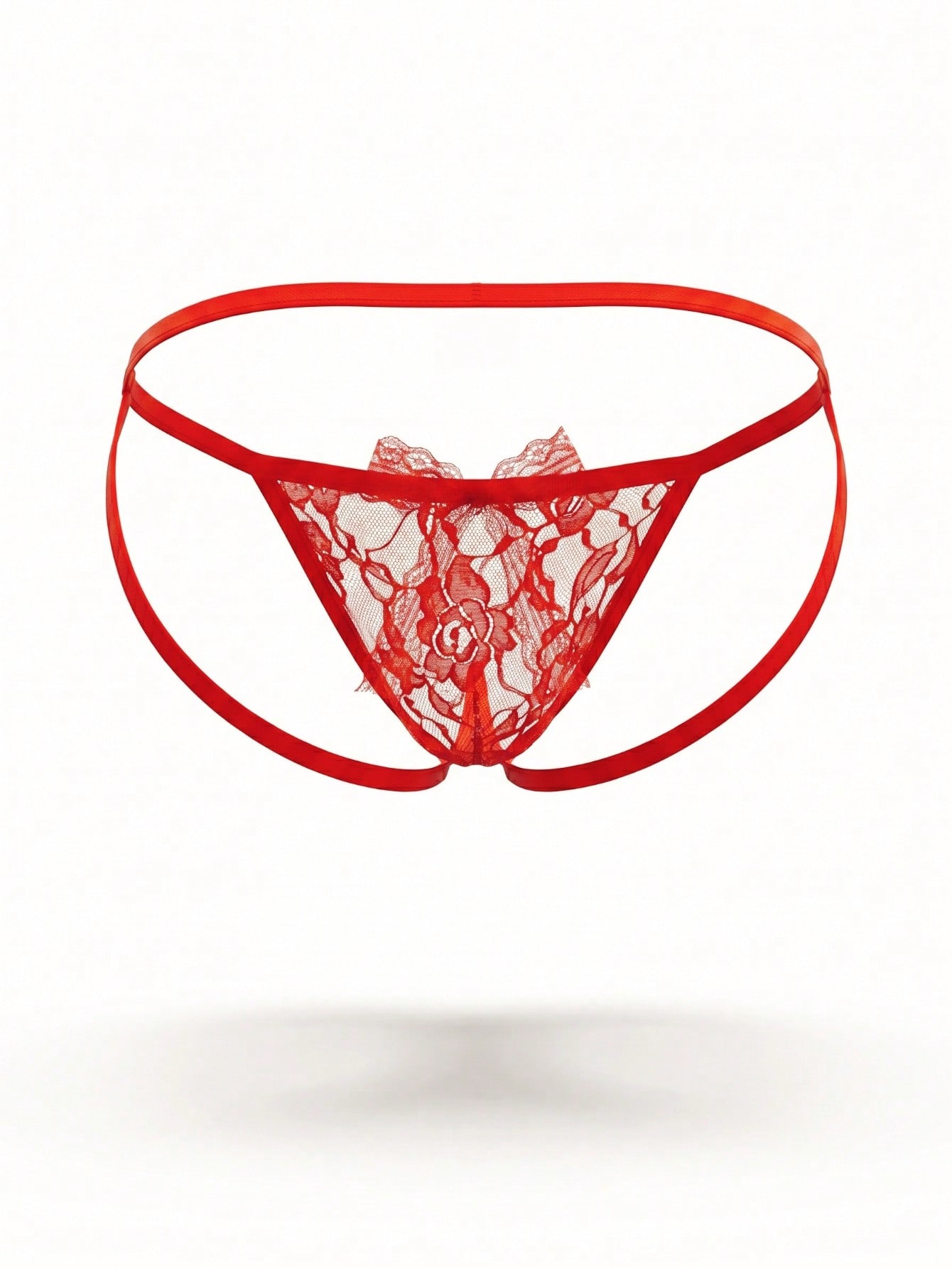 Fashionable Vibrant Red Rose Lace Bright Red Bow Waist Back Open Sexy Men's Underwear