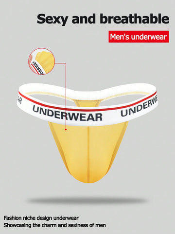 Men's low-rise thong briefs with letter waistband trim and rhinestone detail