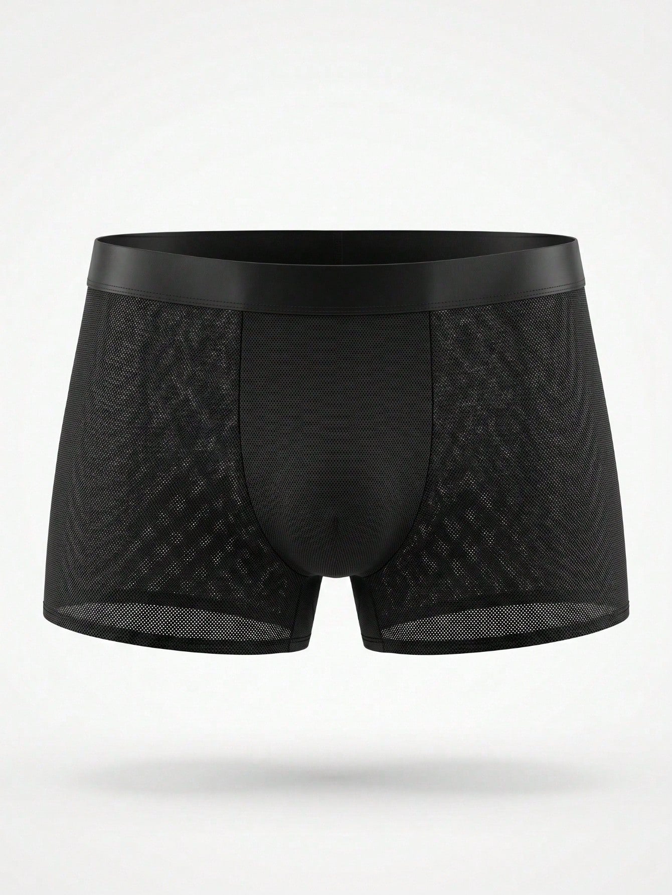 Men's black plain mesh low rise boxer shorts made from slightly stretchy knitted fabric