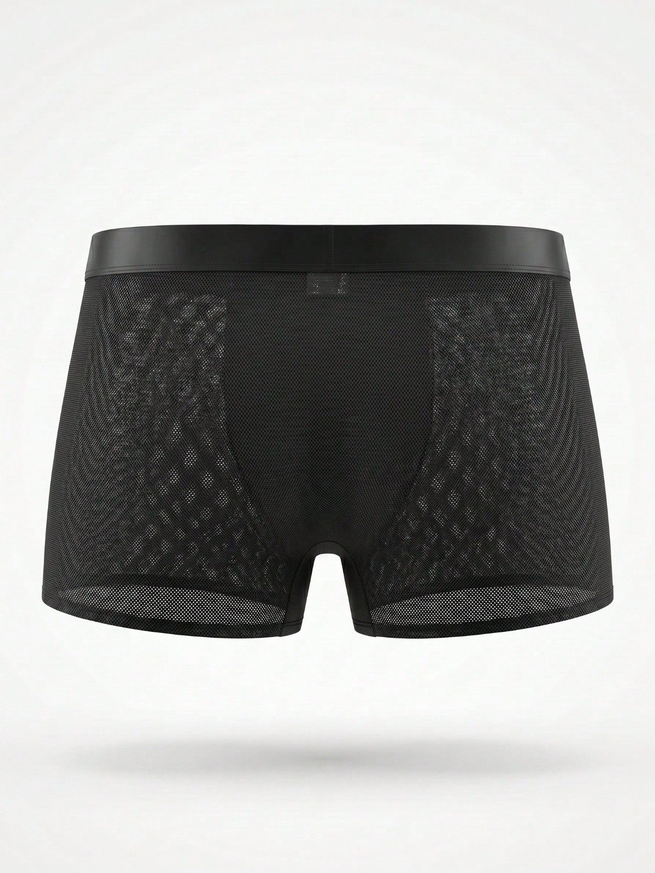 Men's black plain mesh low rise boxer shorts made from slightly stretchy knitted fabric