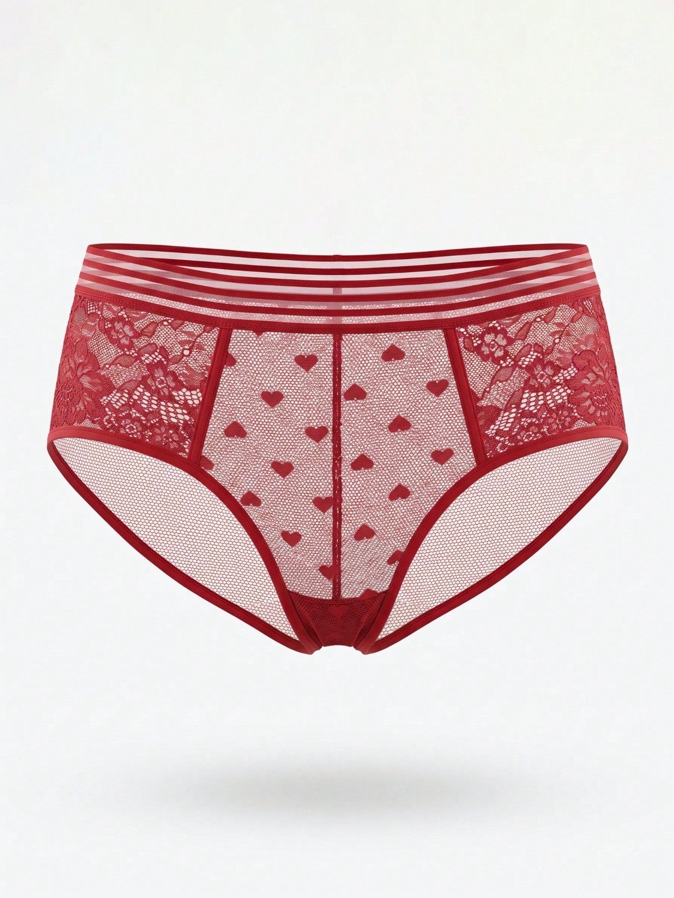 Men's burgundy lace briefs with geometric pattern, mid-rise fit, and semi-sheer knitted fabric