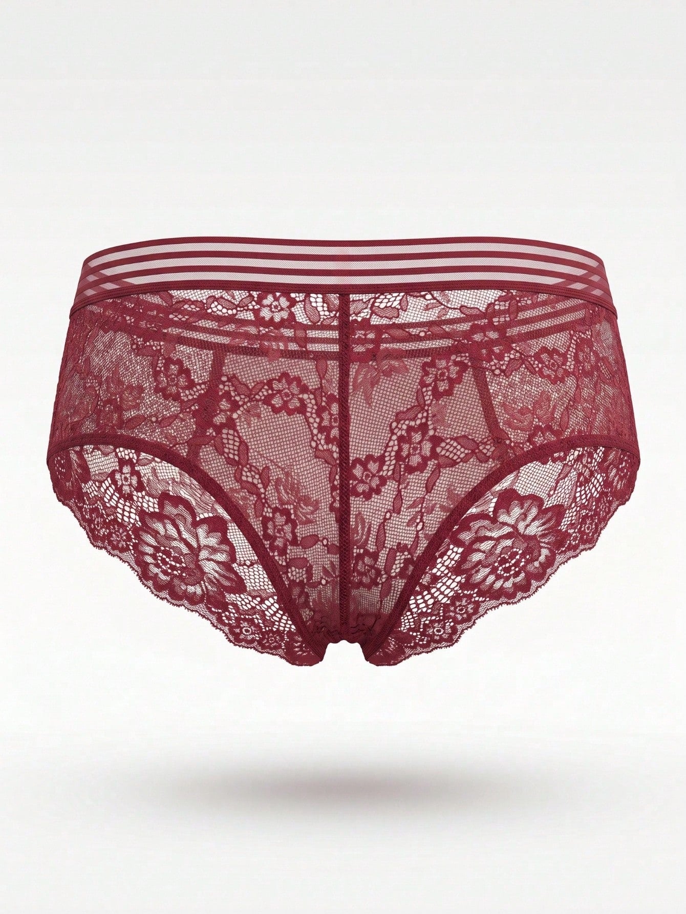Men's burgundy lace briefs with geometric pattern, mid-rise fit, and semi-sheer knitted fabric