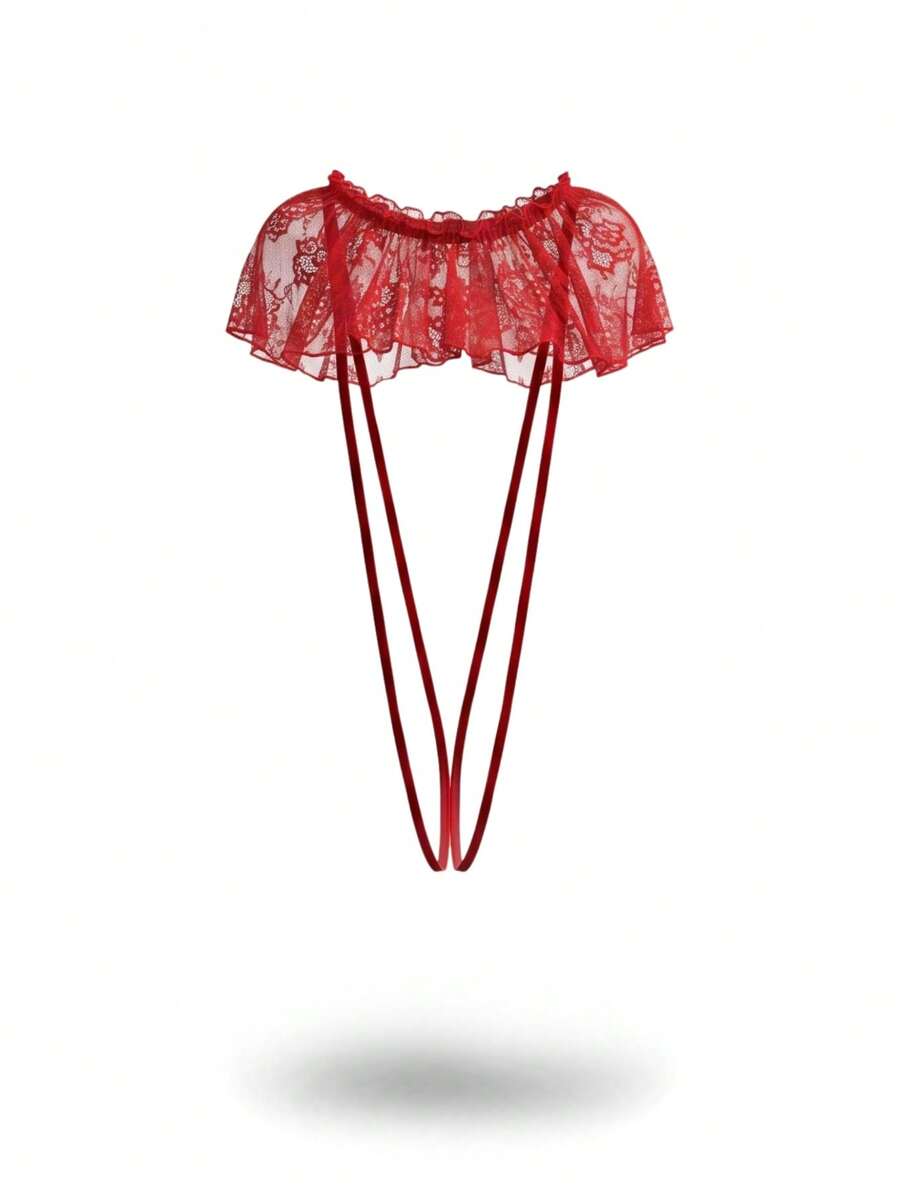 Red backless men's sexy lingerie jumpsuit with ruffle hem and floral pattern for club outfits and music festivals.