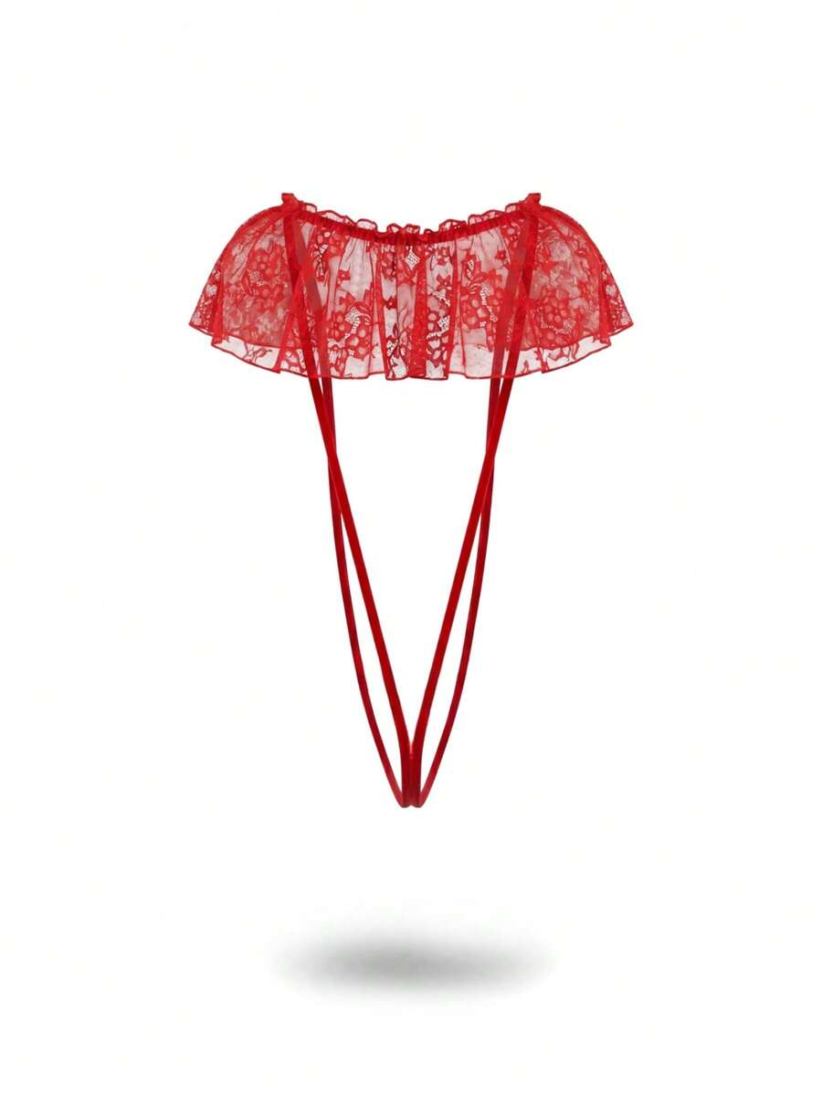 Red backless men's sexy lingerie jumpsuit with ruffle hem and floral pattern for club outfits and music festivals.
