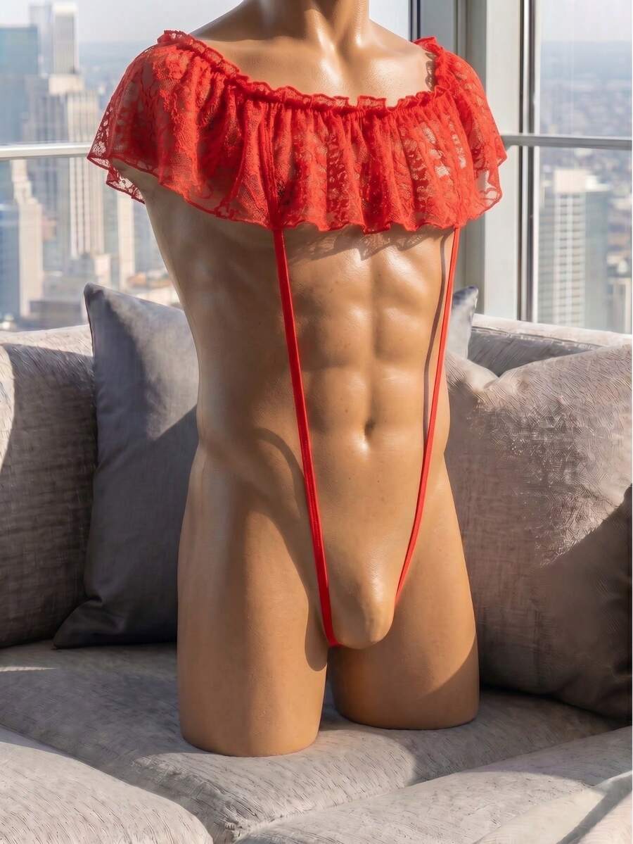 Red backless men's sexy lingerie jumpsuit with ruffle hem and floral pattern for club outfits and music festivals.