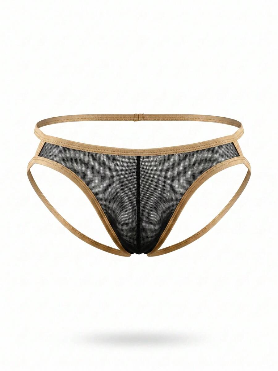 Men's black low-rise T-back thong briefs with contrast trim details.